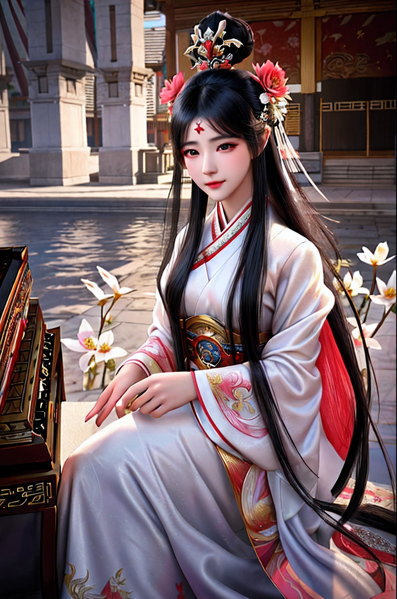 A flower stuck in his hair,Chinese hair dun,Araved woman in white dress, Guviz-style artwork, Guviz, Palace , A girl in Hanfu, Beautiful digital illustration, guweiz masterpiece, A beautiful artwork illustration, Beautiful character painting, ((a beautiful fantasy empress)), Realistic. Cheng Yi, Guweiz in Pixiv ArtStation