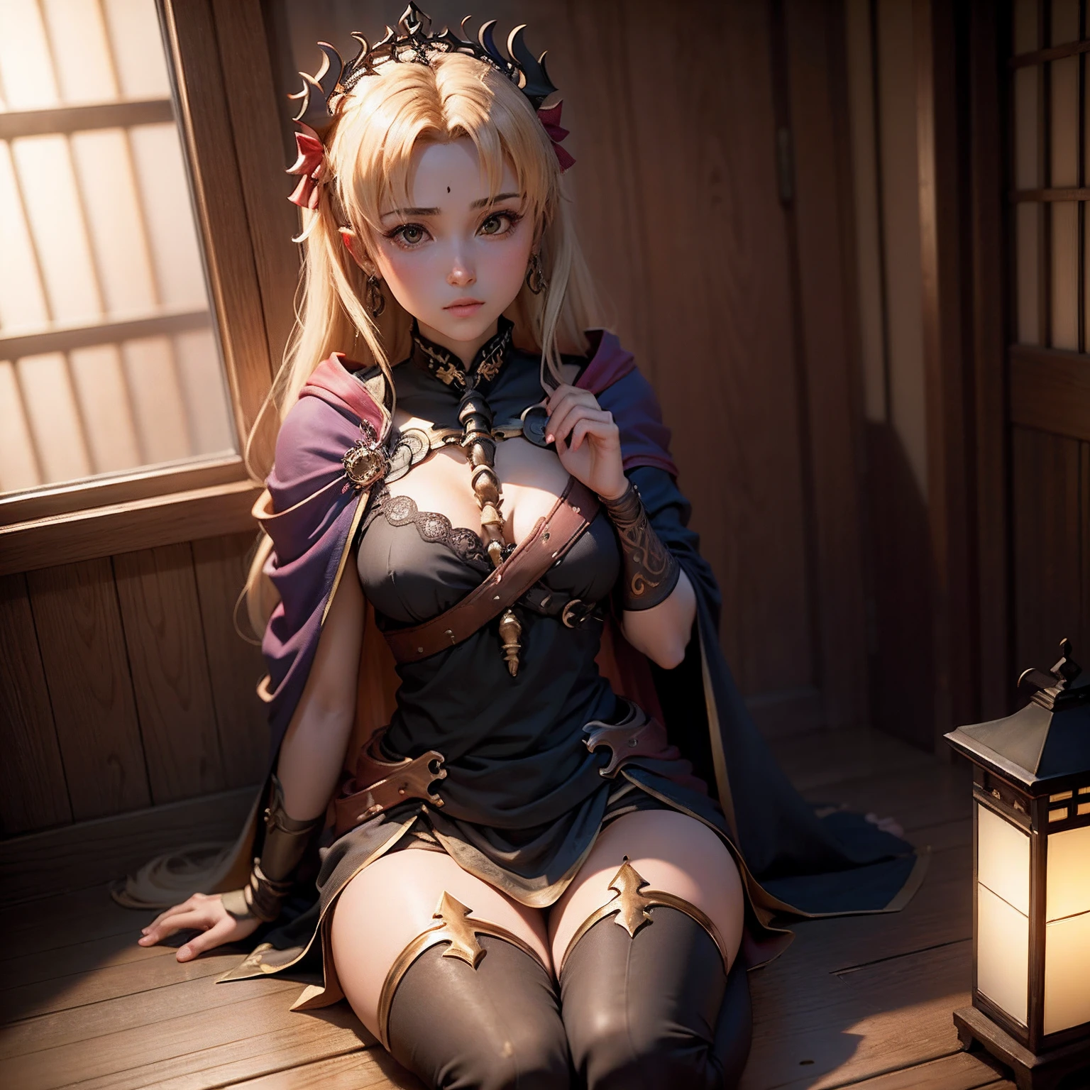 (garota hiper realista:1.2), ((Ereshkigal de 18 anos)), (Destiny Series), ((destino)), corpo inteiro, single body, olhando para frente, sitting on ground, (coxas internas expostas), joelhos dobrados, ((cabelo loiro)), middlebreasts:1.3, Quarto feminino, Traditional Japanese Room, Hiper realista, cinematic lighthing, (octan render), ray tracing