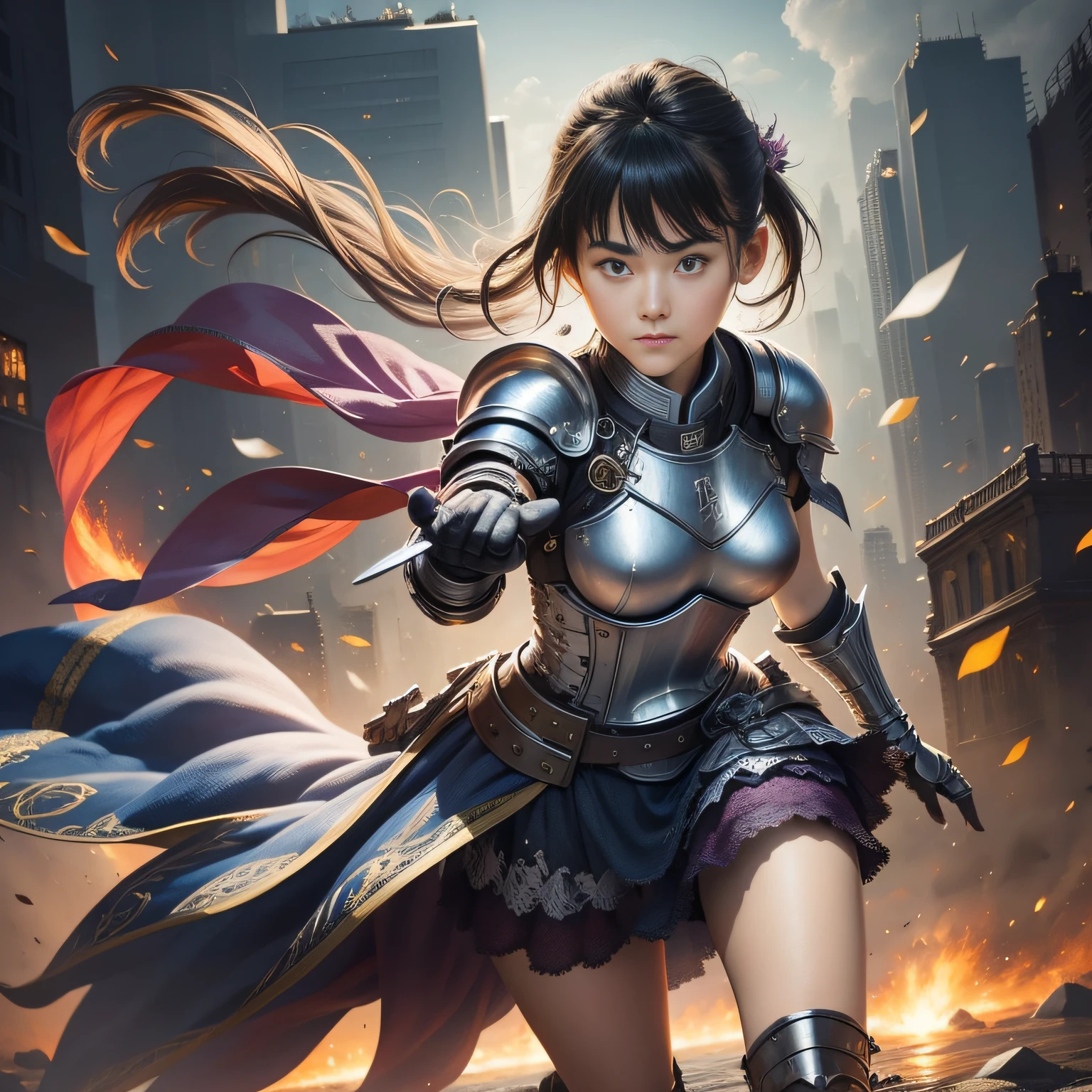The background is a city,1girl in,Solo,Full body,Illustration,knight costume,Picture,aura of wind,Fighting,sword,Detailed face,detailed hands