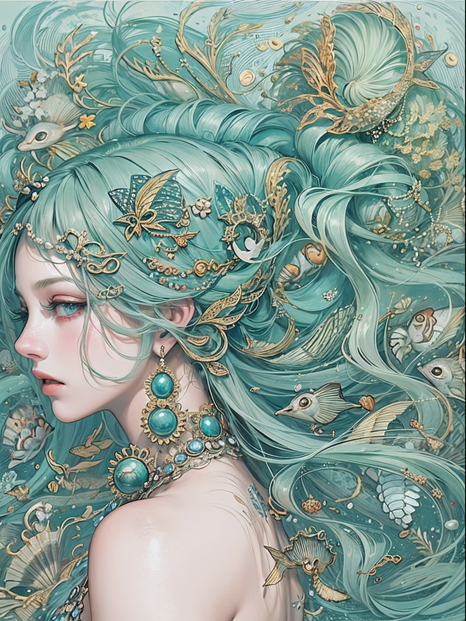 offcial art, Unity 8k壁纸, Ultra-detailed, Beautiful and aesthetically pleasing, tmasterpiece, best qualityer, (zentangle, datura, clew, meshing), (s fractal art: 1.3), 1 mermaid, (Hairstyles: Long hair) Ocean, Extremely detailed, dynamic angle, Cowboy shot, The most beautiful forms of chaos, elegant, Fauvistdesign, vivd colour, romanticism lain, Seafoam, Buble, shells, Fish, pearls