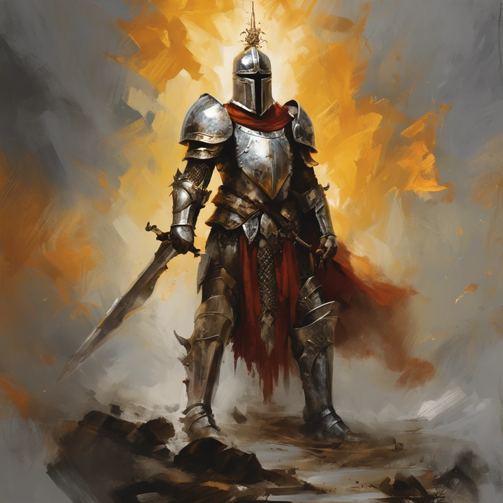 In a kingdom ravaged by darkness and despair, Imagine a scenario,A heavily armed angel knight appears as a beacon of hope. Dressed in glittering armor, The knight stands tall,Stretch your wings, Exudes an aura of strength and unwavering determination. Set the scene in a desolate battlefield, The remnants of a fierce battle are scattered on the scorched earth. The sky overhead crackled with dark energy, Hint that there is still an imminent threat. Break Explore the intricate details of the knight's armor, From polished metal plates decorated with celestial motifs to the ethereal glow emitted by swords and shields. Consider their expression, Capture the determination and compassion that defines its noble goals. Break when the knight investigates the consequences of the battle, Describe the unfolding landscape - a war-torn land,Scarred by darkness, But he was touched by a faint light of hope. Explore the poignant contrast between destruction and the tenacity embodied in knighthood. Break Make a story or scene,Summarize the essence of this moment, Delve into the motives of the knights, Internal struggle, and the weight of their responsibilities as protectors. Consider weaving elements of the fantasy world they inhabit, For example, otherworldly creatures or dark forces, Enhance the narrative and drive the heroic journey of the knight.