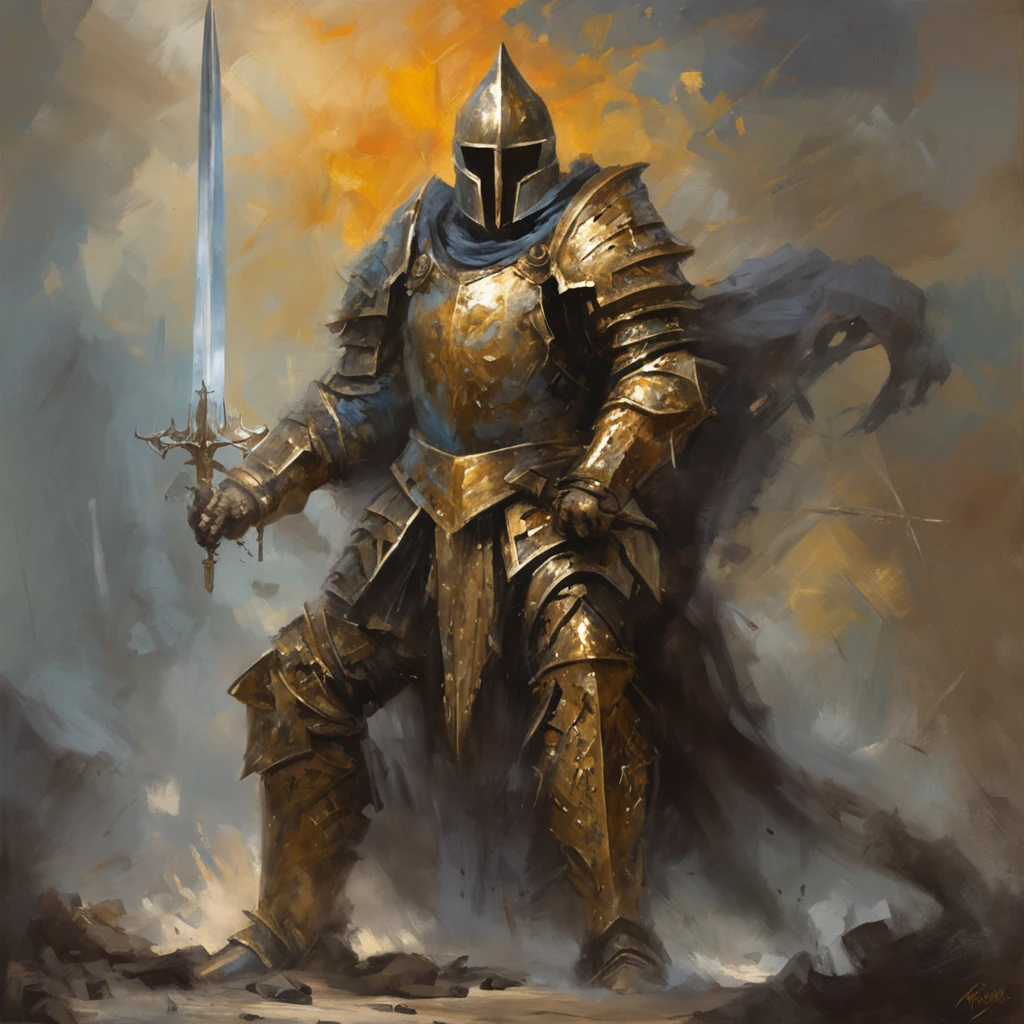 In a kingdom ravaged by darkness and despair, Imagine a scenario，A heavily armed angel knight appears as a beacon of hope. Dressed in glittering armor, The knight stands tall，Stretch your wings, Exudes an aura of strength and unwavering determination. Set the scene in a desolate battlefield, The remnants of a fierce battle are scattered on the scorched earth. The sky overhead crackled with dark energy, Hint that there is still an imminent threat. Break Explore the intricate details of the knight's armor, From polished metal plates decorated with celestial motifs to the ethereal glow emitted by swords and shields. Consider their expression, Capture the determination and compassion that defines its noble goals. Break when the knight investigates the consequences of the battle, Describe the unfolding landscape - a war-torn land，Scarred by darkness, But he was touched by a faint light of hope. Explore the poignant contrast between destruction and the tenacity embodied in knighthood. Break Make a story or scene，Summarize the essence of this moment, Delve into the motives of the knights, Internal struggle, and the weight of their responsibilities as protectors. Consider weaving elements of the fantasy world they inhabit, For example, otherworldly creatures or dark forces, Enhance the narrative and drive the heroic journey of the knight.