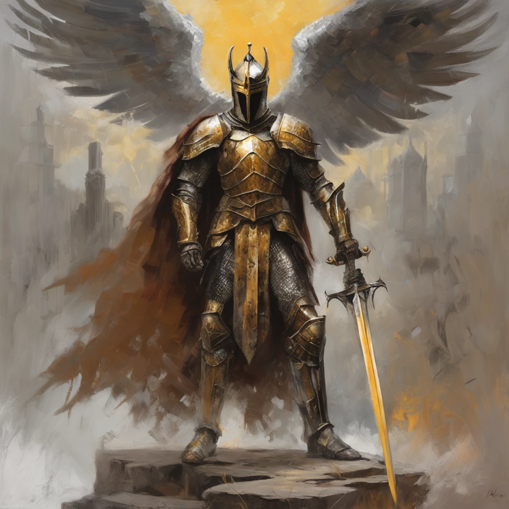 In a kingdom ravaged by darkness and despair, Imagine a scenario，A heavily armed angel knight appears as a beacon of hope. Dressed in glittering armor, The knight stands tall，Stretch your wings, Exudes an aura of strength and unwavering determination. Set the scene in a desolate battlefield, The remnants of a fierce battle are scattered on the scorched earth. The sky overhead crackled with dark energy, Hint that there is still an imminent threat. Break Explore the intricate details of the knight's armor, From polished metal plates decorated with celestial motifs to the ethereal glow emitted by swords and shields. Consider their expression, Capture the determination and compassion that defines its noble goals. Break when the knight investigates the consequences of the battle, Describe the unfolding landscape - a war-torn land，Scarred by darkness, But he was touched by a faint light of hope. Explore the poignant contrast between destruction and the tenacity embodied in knighthood. Break Make a story or scene，Summarize the essence of this moment, Delve into the motives of the knights, Internal struggle, and the weight of their responsibilities as protectors. Consider weaving elements of the fantasy world they inhabit, For example, otherworldly creatures or dark forces, Enhance the narrative and drive the heroic journey of the knight.