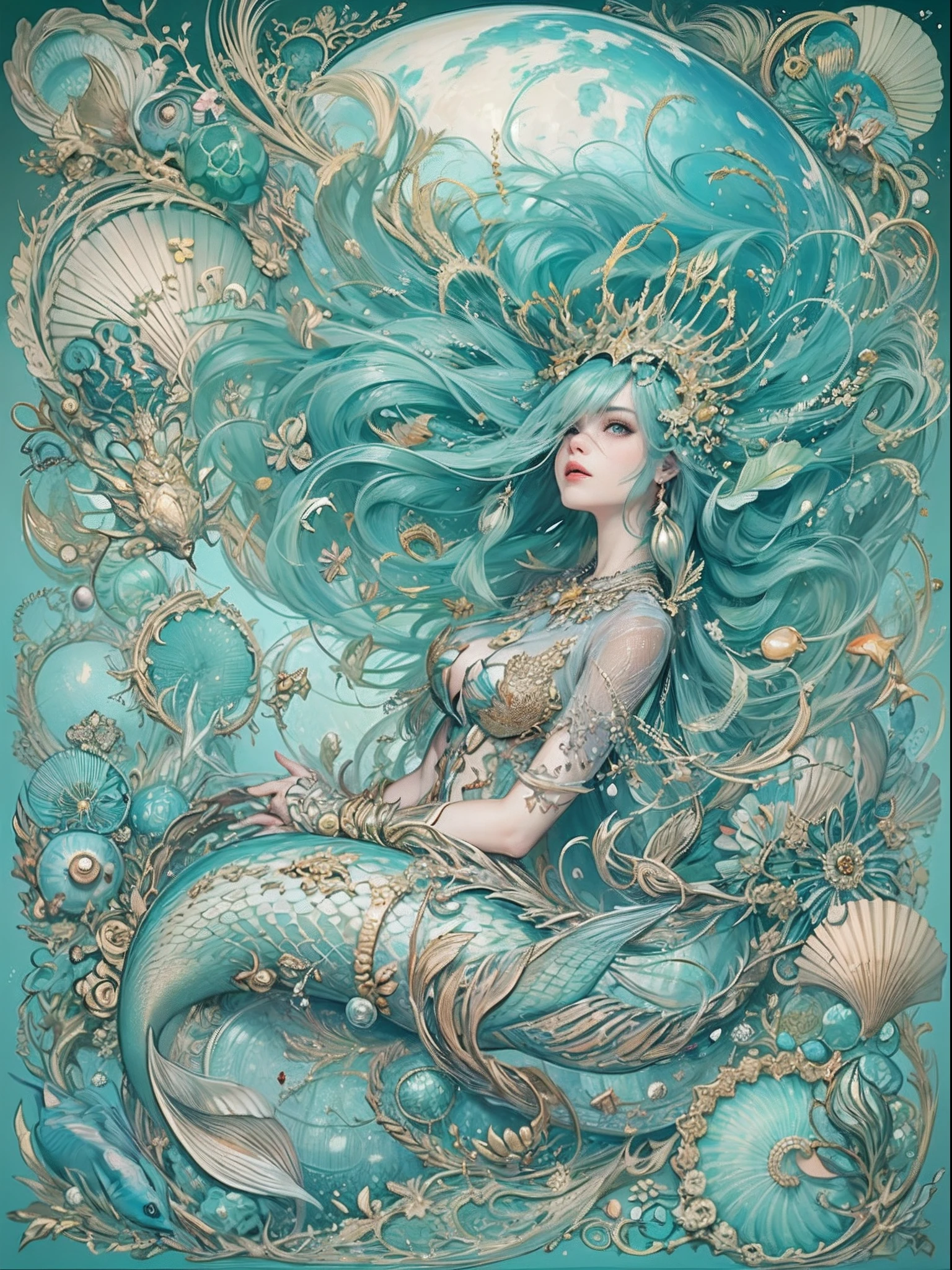 offcial art, Unity 8k壁纸, Ultra-detailed, Beautiful and aesthetically pleasing, tmasterpiece, best qualityer, (zentangle, datura, clew, meshing), (s fractal art: 1.3), 1 mermaid, (Hairstyles: Long hair) Ocean, Extremely detailed, dynamic angle, Cowboy shot, The most beautiful forms of chaos, elegant, Fauvistdesign, vivd colour, romanticism lain, Seafoam, Buble, shells, Fish, pearls