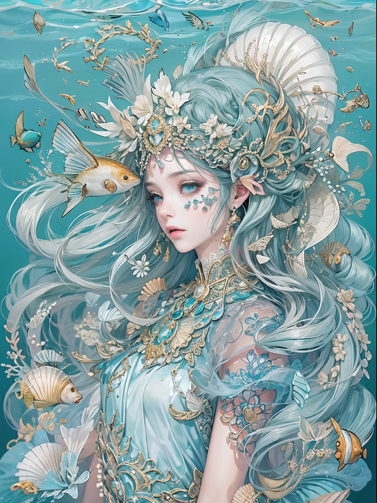 offcial art, Unity 8k壁纸, Ultra-detailed, Beautiful and aesthetically pleasing, tmasterpiece, best qualityer, (zentangle, datura, clew, meshing), (s fractal art: 1.3), 1 mermaid, (Hairstyles: Long hair) Ocean, Extremely detailed, dynamic angle, Cowboy shot, The most beautiful forms of chaos, elegant, Fauvistdesign, vivd colour, romanticism lain, Seafoam, Buble, shells, Fish, pearls
