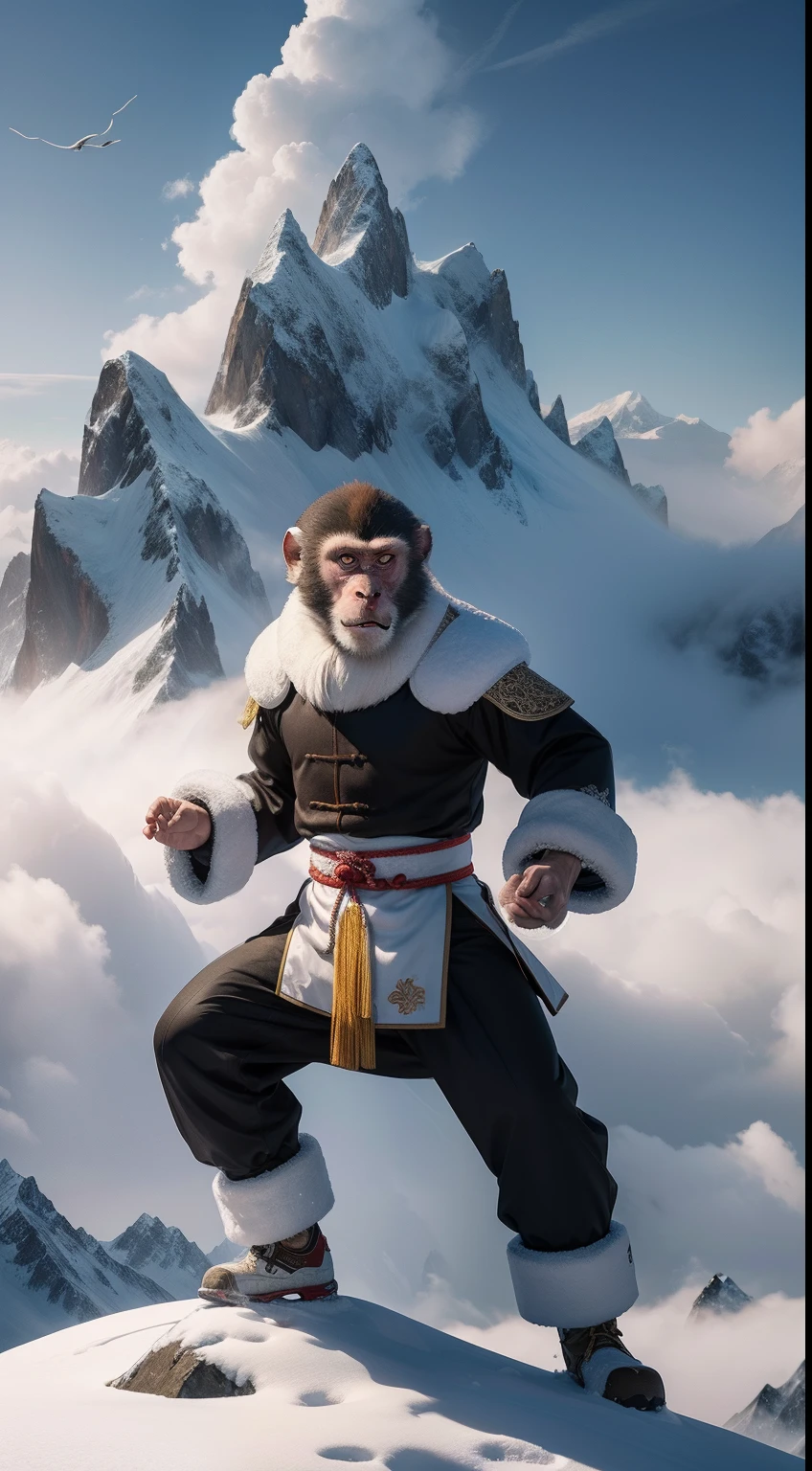 tai chi master, monkey head, full body, on the peak of snow mountain, clouds cover, Animal Anthropomorphism, realistic digital, humanoid, abstract background, global illumination, intricate, epic, dramatic, masterpiece, high detail, best quality, ultra high res