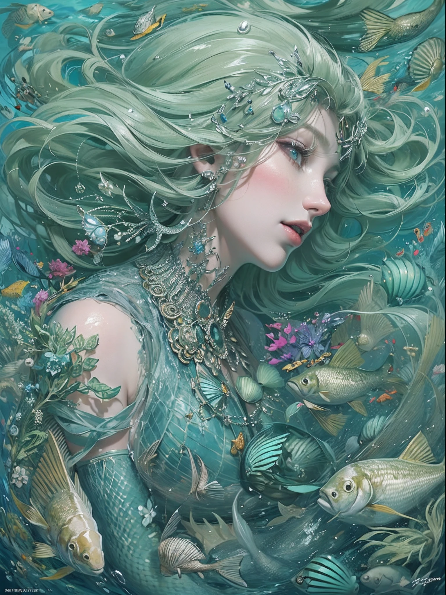 offcial art, Unity 8k壁纸, Ultra-detailed, Beautiful and aesthetically pleasing, tmasterpiece, best qualityer, (zentangle, datura, clew, meshing), (s fractal art: 1.3), 1 mermaid, (purple haircut: Long hair) Ocean, Extremely detailed, dynamic angle, Cowboy shot, The most beautiful forms of chaos, elegant, Fauvistdesign, vivd colour, romanticism lain, Seafoam, Buble, shells, Fish, pearls