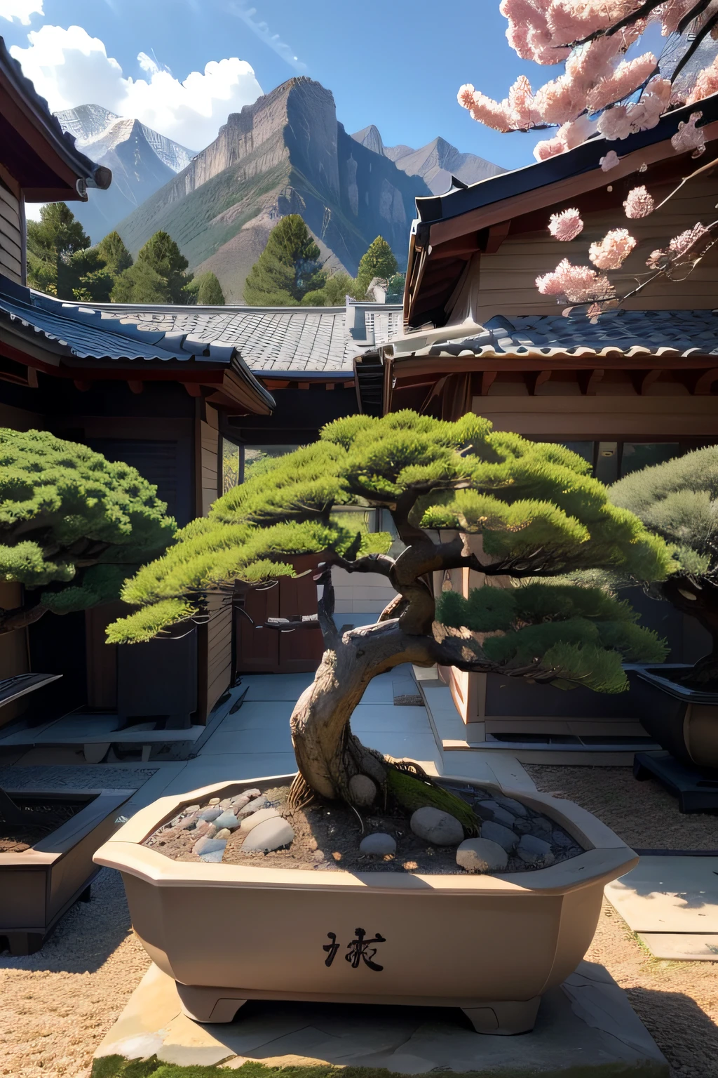 In your own open-air yard, In the yard, There are black pine bonsai, Rhododendron bonsai, Red leaf bonsai, The owner of the yard is pruning the bonsai, Bonsai should have a close-up, Mountains and streams across the yard, And the resulting picture should be authentic,Close to life Characters to be pruned bonsai