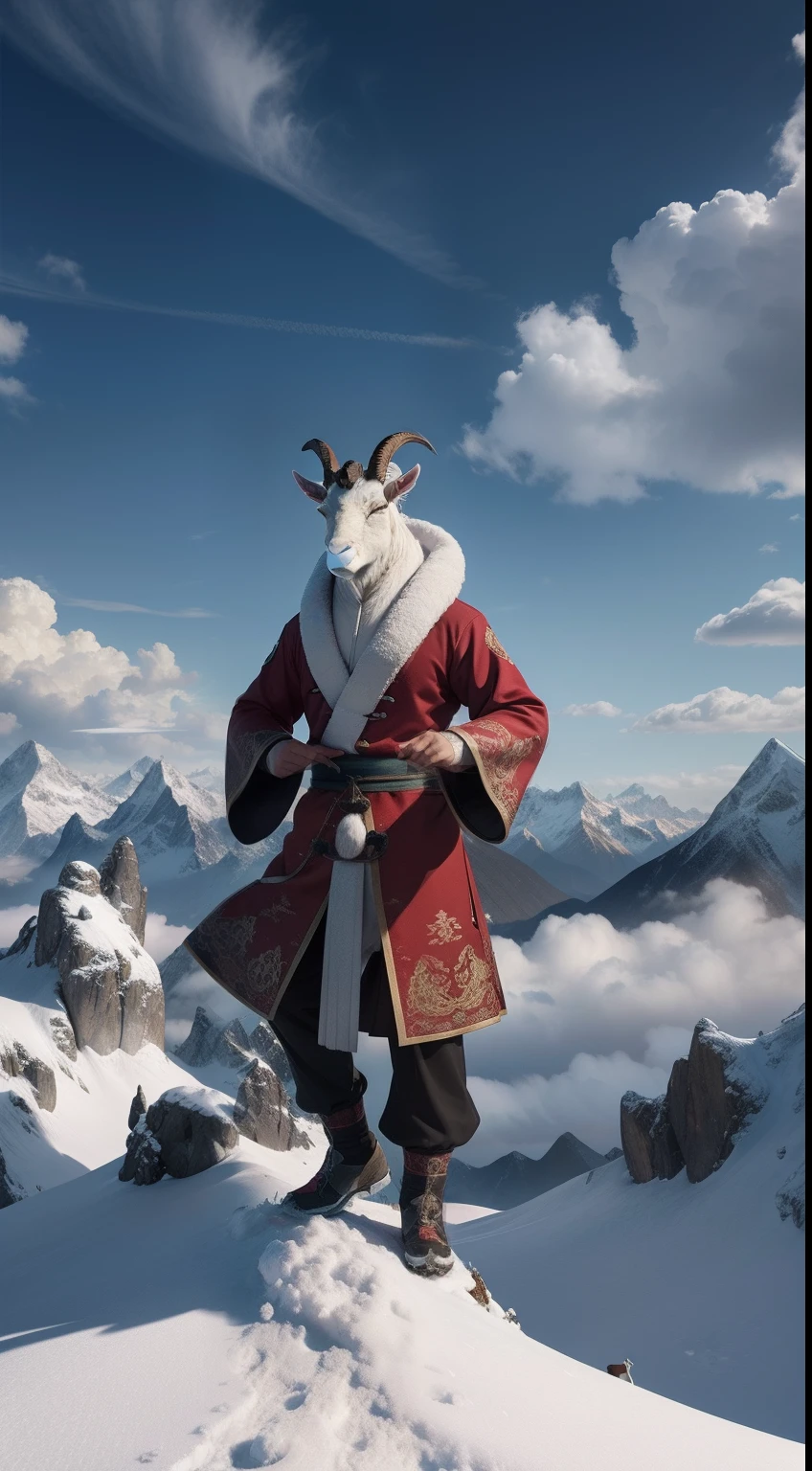 tai chi master, goat head, full body, on the peak of snow mountain, clouds cover, Animal Anthropomorphism, realistic digital, humanoid, abstract background, global illumination, intricate, epic, dramatic, masterpiece, high detail, best quality, ultra high res