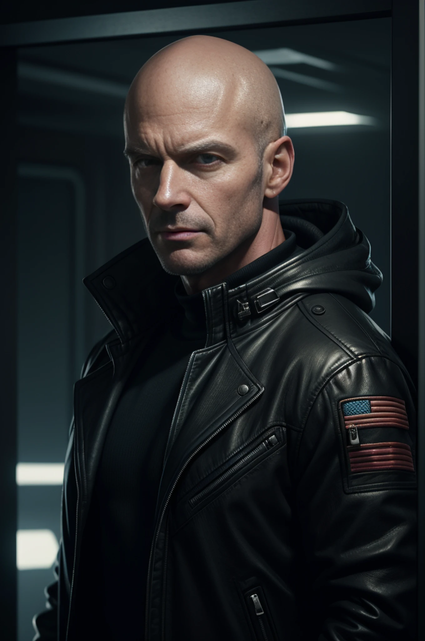 here is a man in a black jacket and a black jacket, 8k portrait render, john lockhart portrait, portrait of john lockhart, unreal engine character art, john lockhart, sci-fi male character, hyper-realistic cyberpunk style, cyberpunk art ultrarealistic 8k, bald male lead character, cyberpunk judy alvarez, hyper-realistic sci-fi realistic, tifa lockheart, bald, facing viewer, open corporate lobby