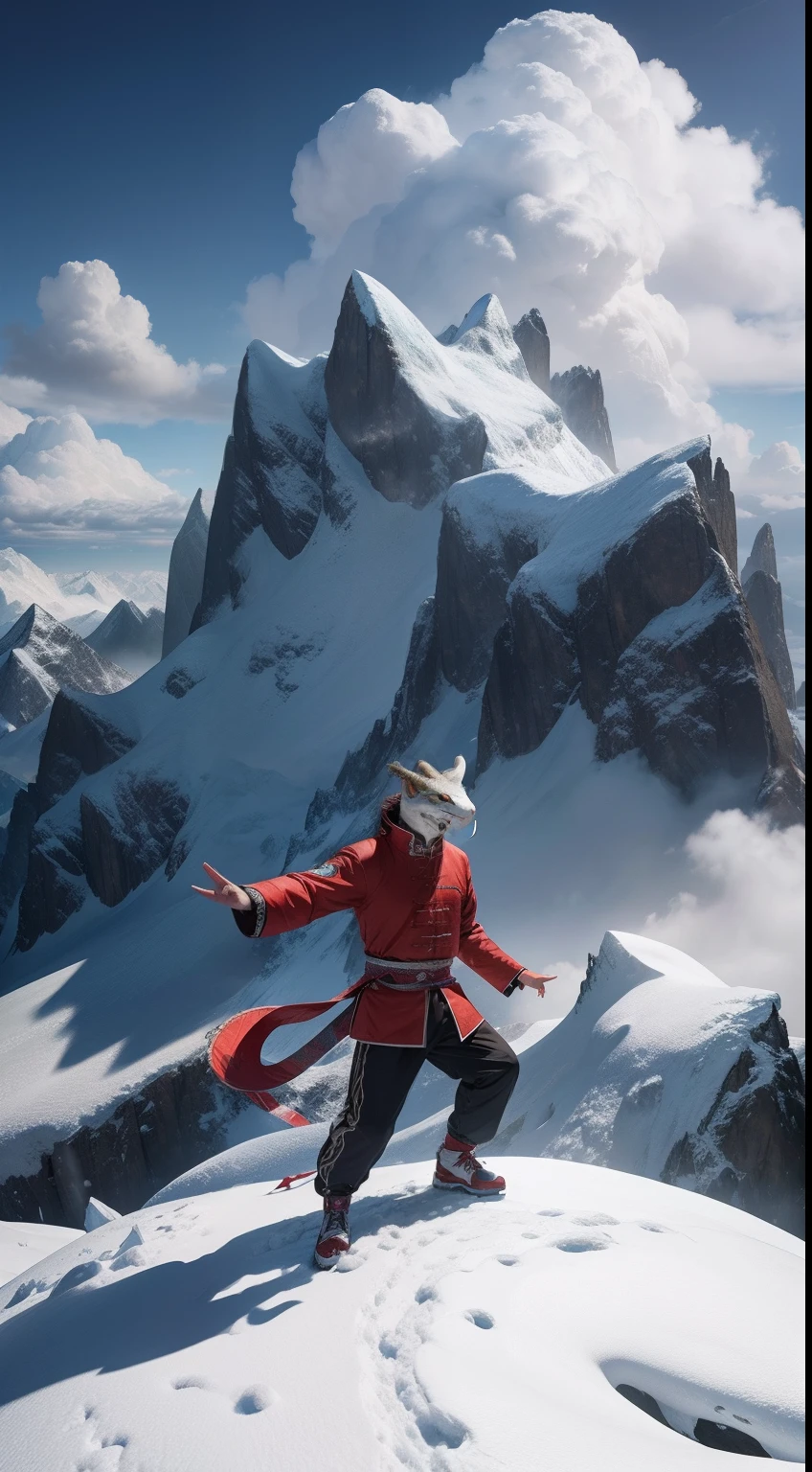 tai chi master, snake head, full body, on the peak of snow mountain, clouds cover, Animal Anthropomorphism, realistic digital, humanoid, abstract background, global illumination, intricate, epic, dramatic, masterpiece, high detail, best quality, ultra high res