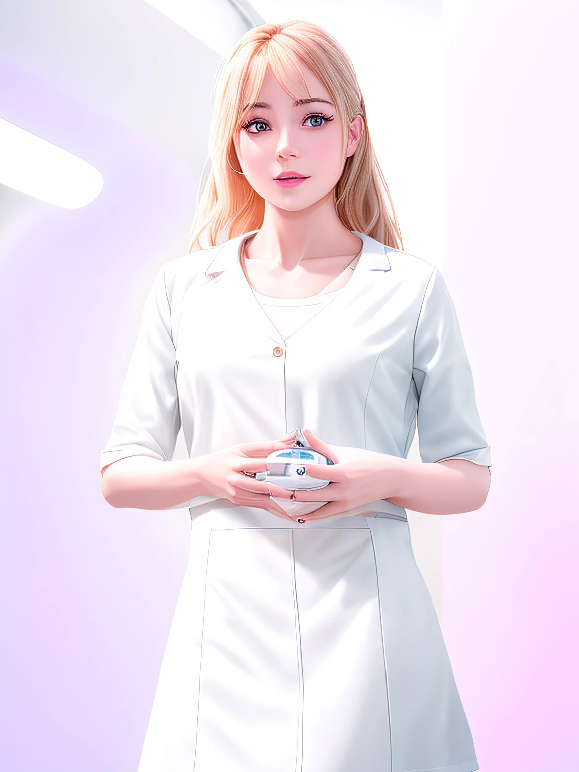 Blonde woman in doctor's uniform holding a stethoscope, doctor, nurse girl, the doctor, wearing lab coat and a blouse, with a stethoscope, (doctor), With a lab coat, stethoscope!, realistic digital illustration, Beautiful digital artwork, Hyper-realistic illustration, commission for high resolution, Wearing a lab coat, Smooth anime CG art, digital painted，Replace the second character with the style of the first character（tmasterpiece：1.3）， best qualtiy， offcial art， MagazineCover， ultra - detailed， 1girl， 1980s\（styled\），