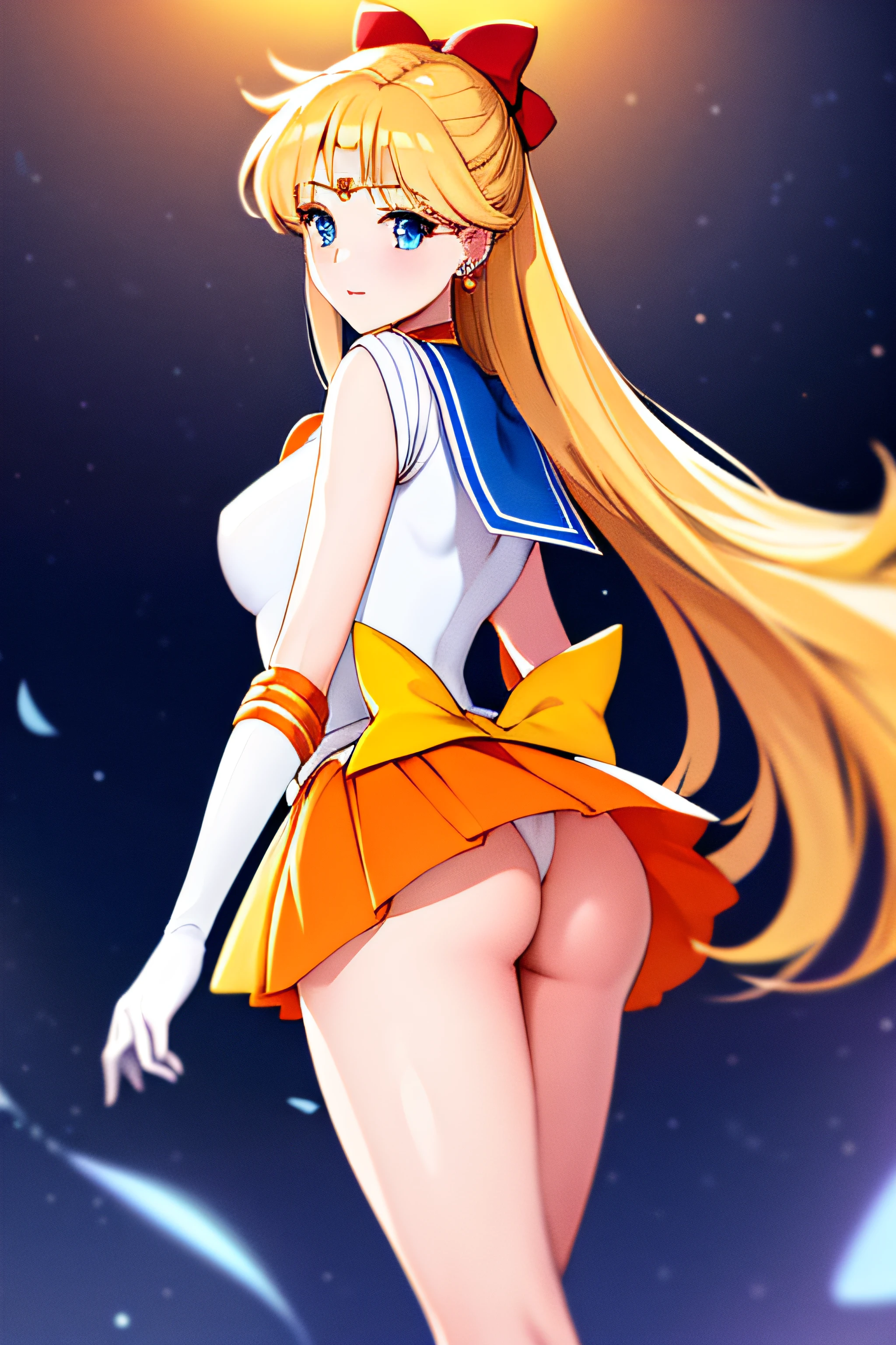 masterpiece, best quality, high resolution, venus1, 1 girl, solo, senshi sailor uniform, sailor venus, aino minako, blonde hair, magical girl, blue eyes, orange ultra mini skirt, elbow length gloves, tiara, pleated skirt , hair bow, orange sailor necklace, ultra mini skirt, choker, red bow, orange choker, white gloves, very long hair, jewelry, earrings, standing, from behind, with the skirt up showing her ass, up skirt, no thong