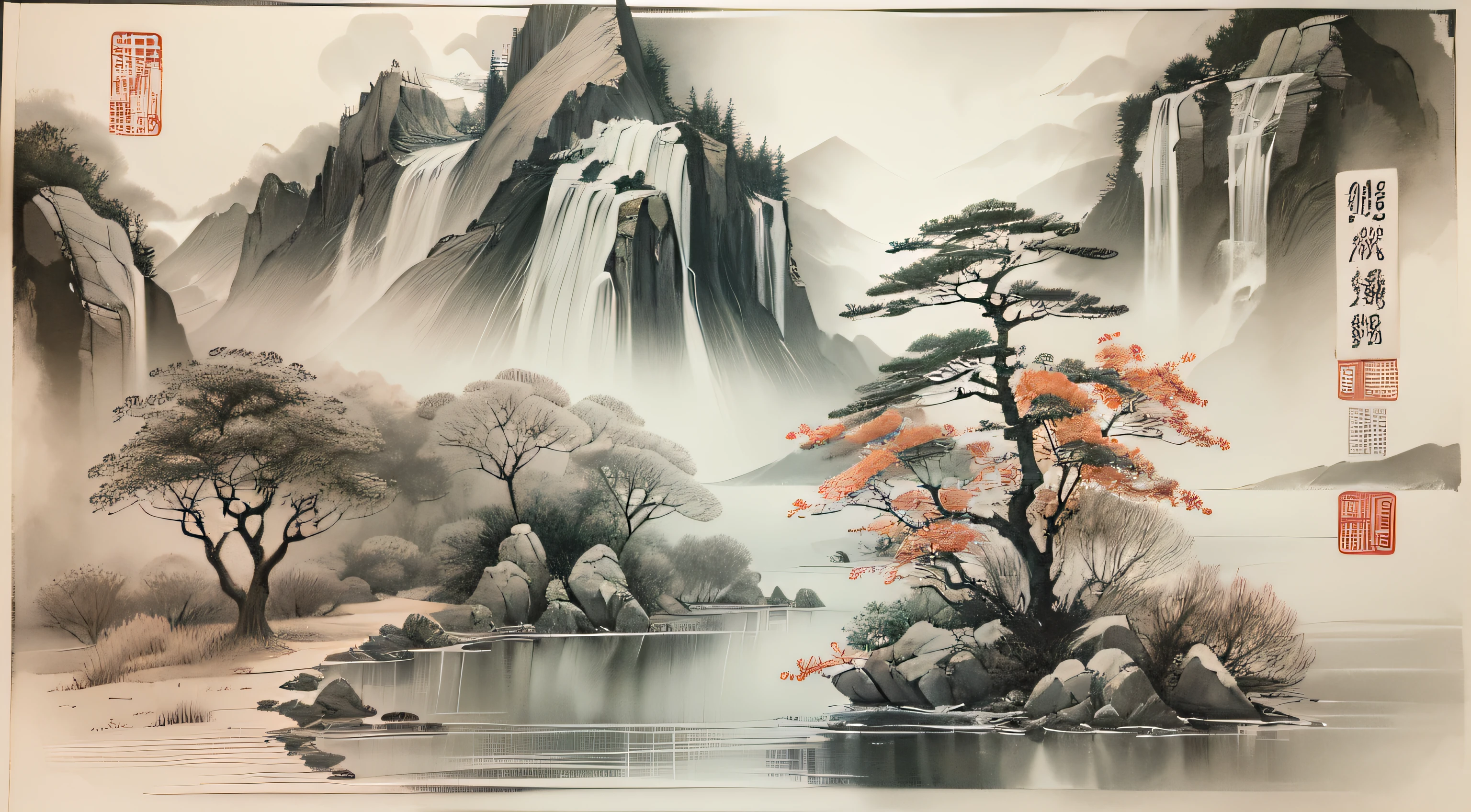 ink and watercolor painting，Draw on rice paper，Use thick and light ink to create shading variations and layers，Choose the right ink color，Such as deep black、Thick gray、Light coffee, etc，Express different situations and atmospheres，Control the gradient and transition of ink color by the humidity and consistency of the ink，mont，Eau，the trees，Lake surface，Small broken boat，Bleak, Desolate, Solitude，Black and white tones，dead tree， Traditional Chinese Ink Painting, Traditional Chinese art, author：Guo Xi, author：Ma Yuanyu, Traditional Chinese painting, author：Xu Xi, author：Luo Mu, author：Yang Buzhi, author：Li Kelan, author：Gu An, Ink painting ) ) ) ), Chinese ink painting, Chinese painting style