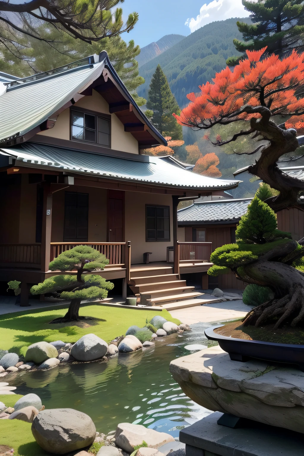 In your own open-air yard, In the yard, There are black pine bonsai, Rhododendron bonsai, Red leaf bonsai, The owner of the yard is pruning the bonsai, Bonsai should have a close-up, Mountains and streams across the yard, And the resulting picture should be authentic,Close to life Characters to be pruned bonsai