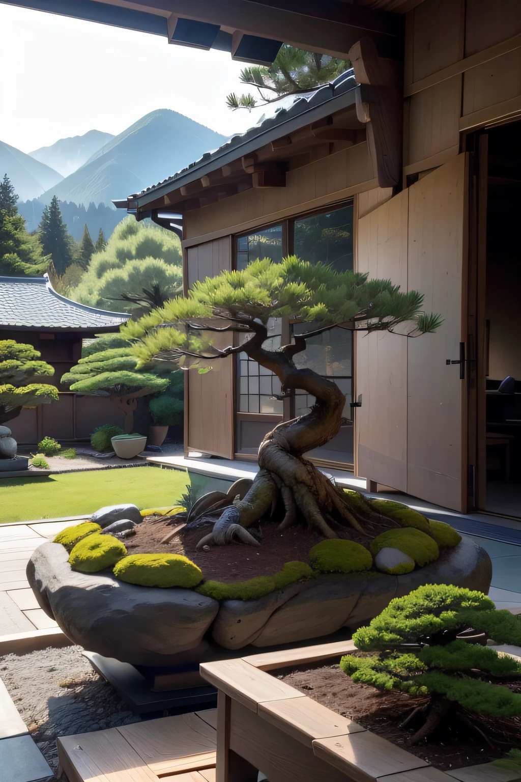 In your own open-air yard, In the yard, There are black pine bonsai, Rhododendron bonsai, Red leaf bonsai, The owner of the yard is pruning the bonsai, Bonsai should have a close-up, Mountains and streams across the yard, And the resulting picture should be authentic,Close to life Characters to be pruned bonsai