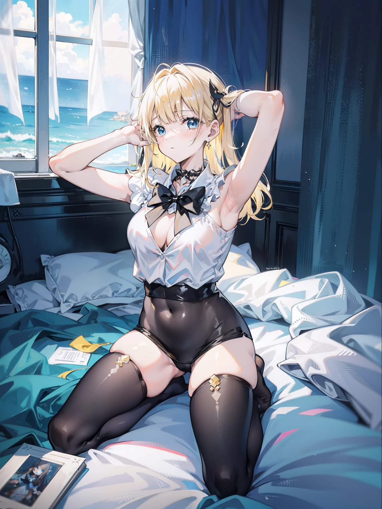 Masterpiece（（tmasterpiece）），（White color blouse），（（black micro skirt）），（Black transparent stockings），adolable，is shy，（Long yellow）Hair，red bowtie，long leges，（Have by the sea），（Facing the sea），Open navel，No shoes on
