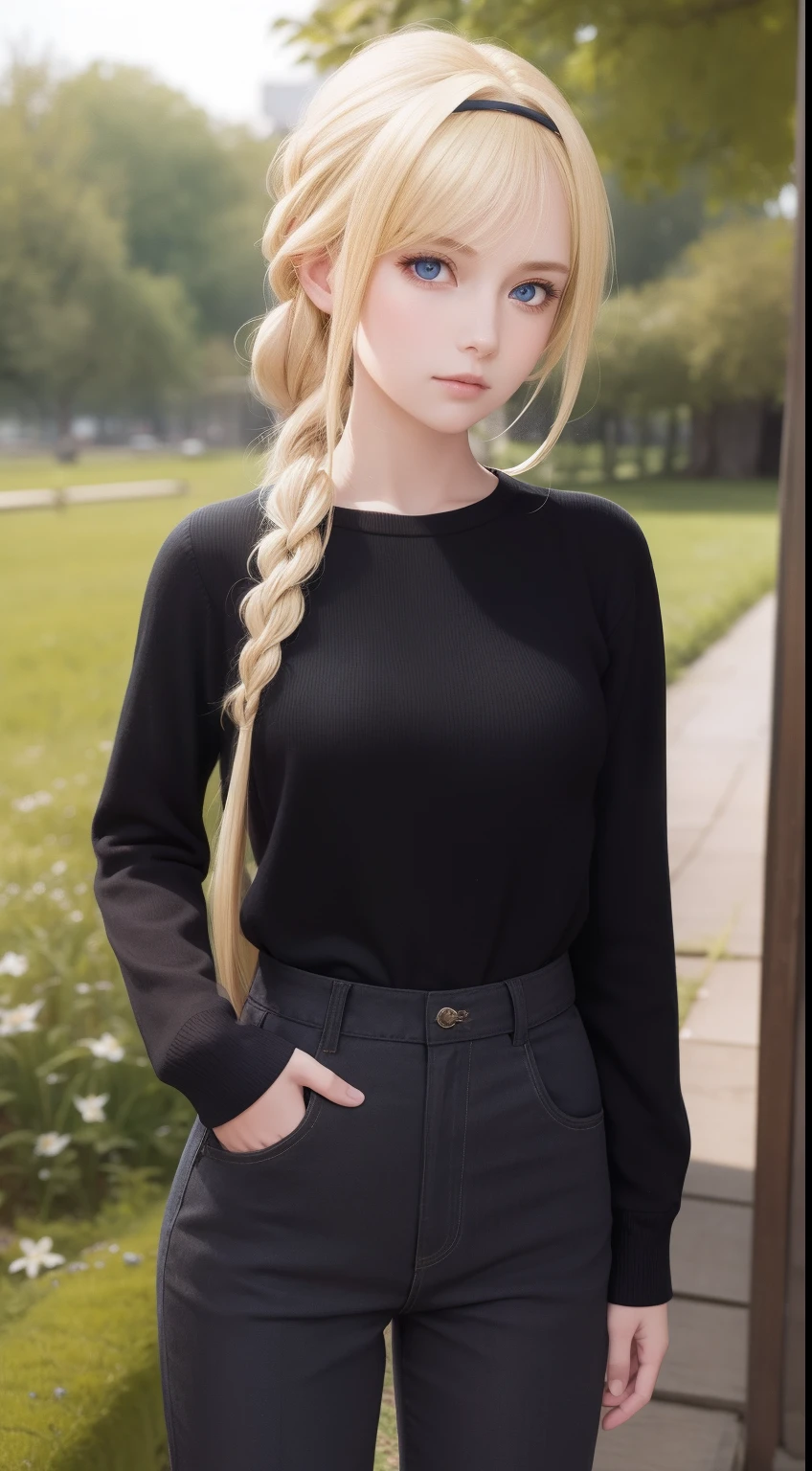 masterpiece, best quality, 1girl, Alice, standing, cowboy shot, outdoors, detailed background, nature, black sweater, high-waist pants,alice zuberg, bangs, blue eyes, blonde hair, hair between eyes, very long hair, braid, hairband, white hairband,