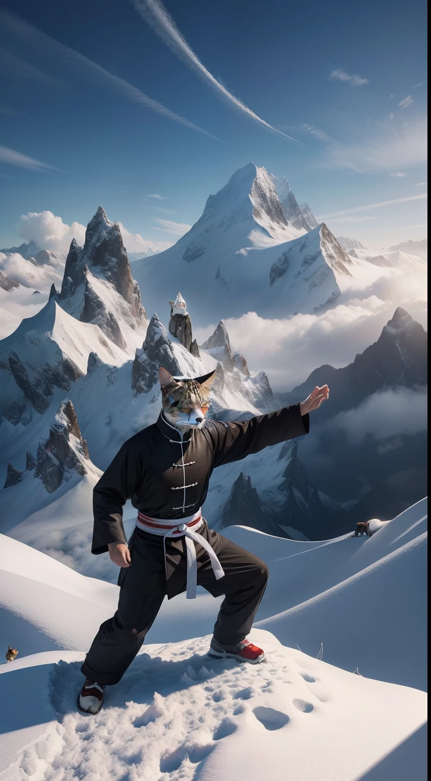 tai chi master, cat head, full body, on the peak of snow mountain, clouds cover, Animal Anthropomorphism, realistic digital, humanoid, abstract background, global illumination, intricate, epic, dramatic, masterpiece, high detail, best quality, ultra high res