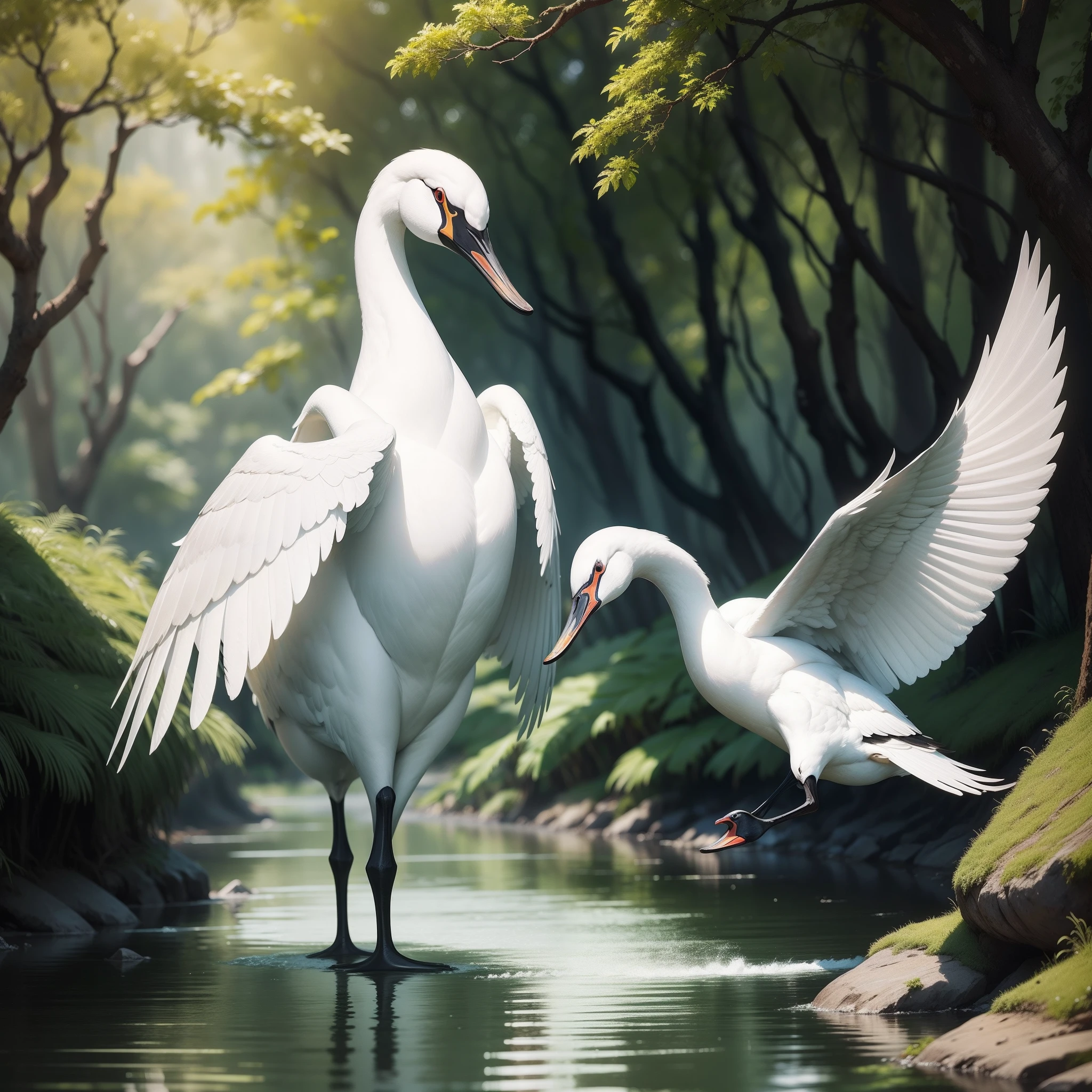 Cisnes brancos na floresta encantada, alta qualidade, super realista, pintura detalhada.