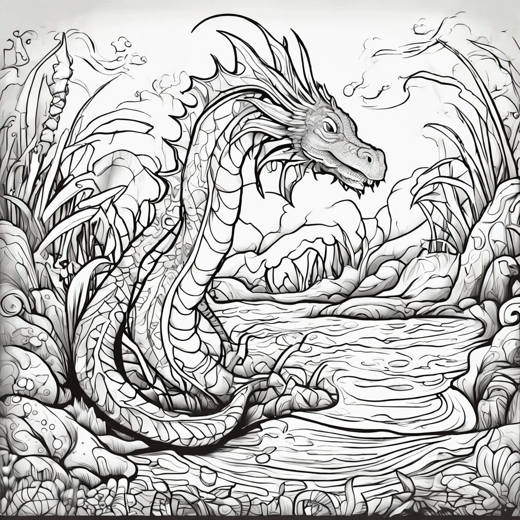 Coloring page for kids, no color, water dragon in the sea no color, cartoon style, black and white, low detail, no shading, no color