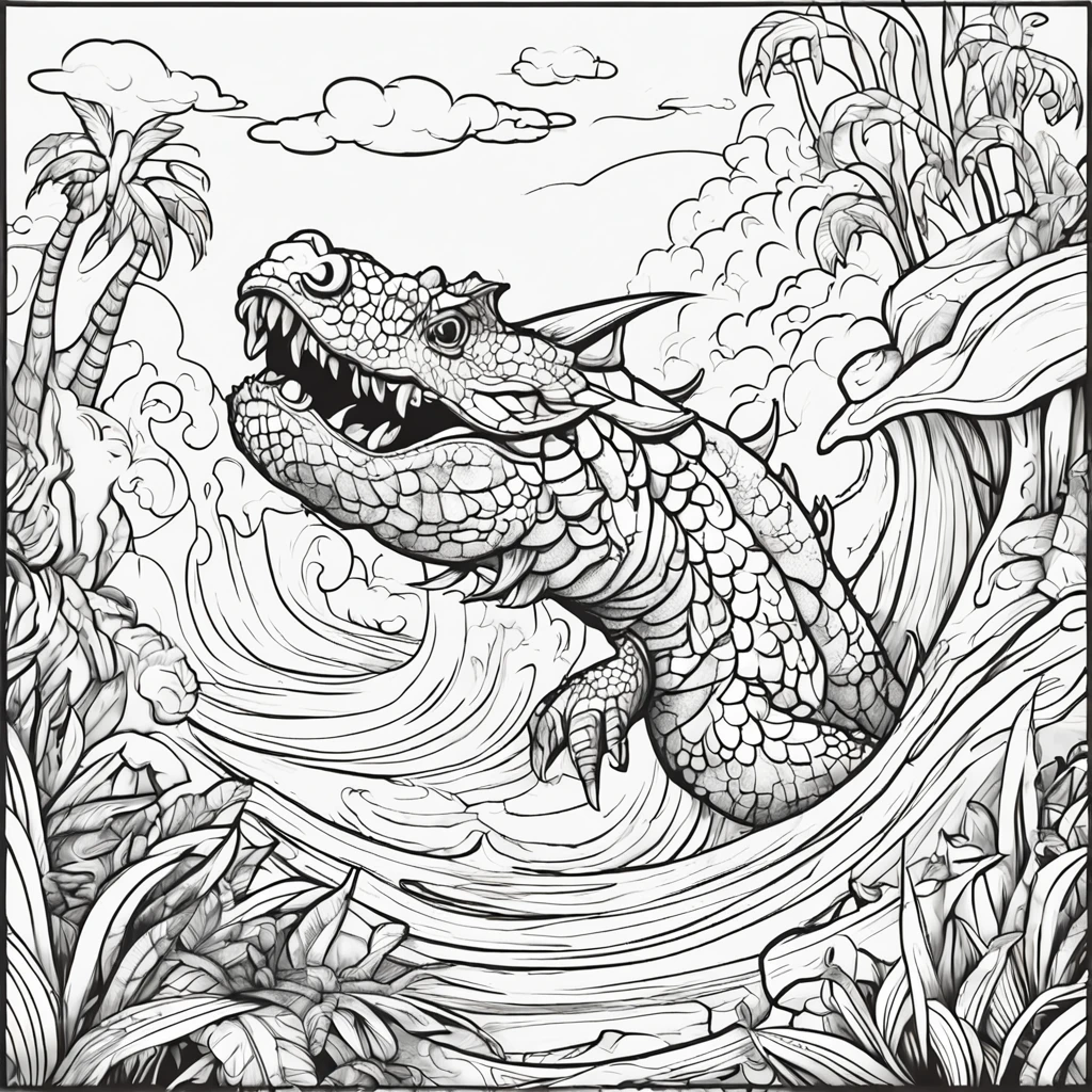 Coloring page for kids, no color, water dragon in the sea no color, cartoon style, black and white, low detail, no shading, no color