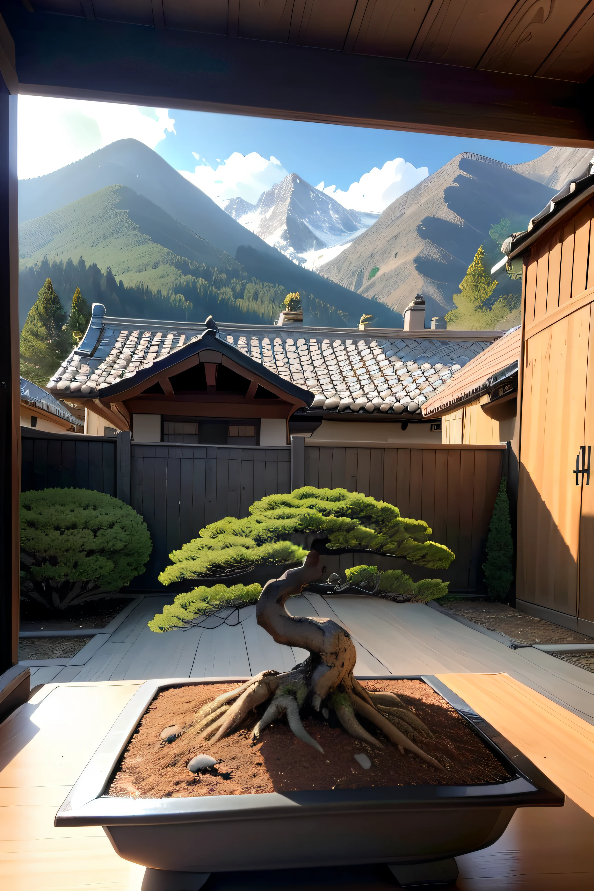 In an open yard of your own, in the yard, there are black pine bonsai, azalea bonsai, red leaf bonsai, and the owner of the yard is pruning the bonsai, the bonsai should have a close-up, the yard is opposite the mountains and streams, and the resulting pictures should be real and close to life