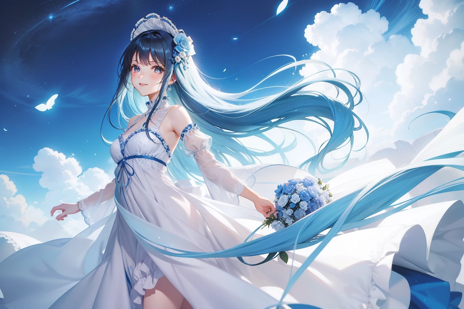 Pretty girl blue hairs Long Black eyes Smiling hair swaying in the wind Cosmos flowers all over Long dress in white and blue with ruffles blue-sky amazing background Fantasia