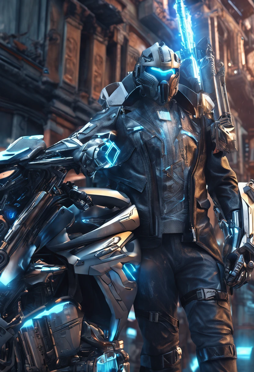 Magically powered technology, leather jacket, helmet, energy pistols, drone, handsome man, fantasy realm, realism, hoverbike. blue energy, silvery metal surfaces, ready for battle, gunslinger