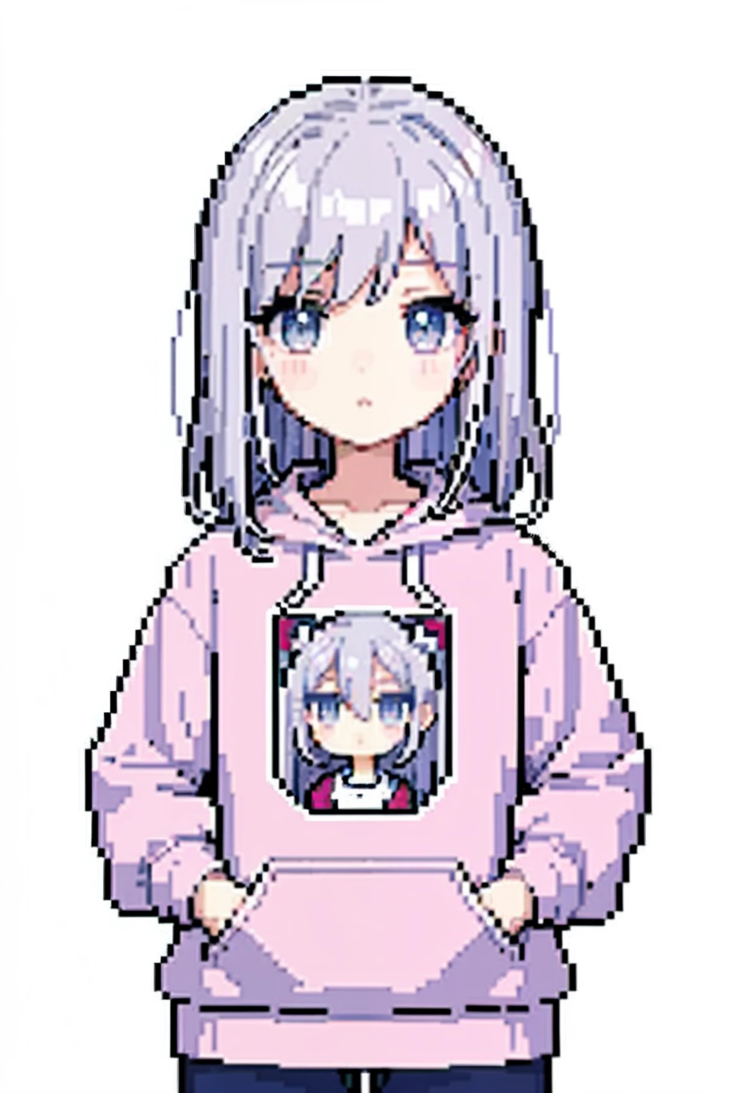 （tmasterpiece，top Quority，best qualtiy），pix，pixelart，1girll，full bodyesbian，Pink and white sweatshirt，Gray hair。