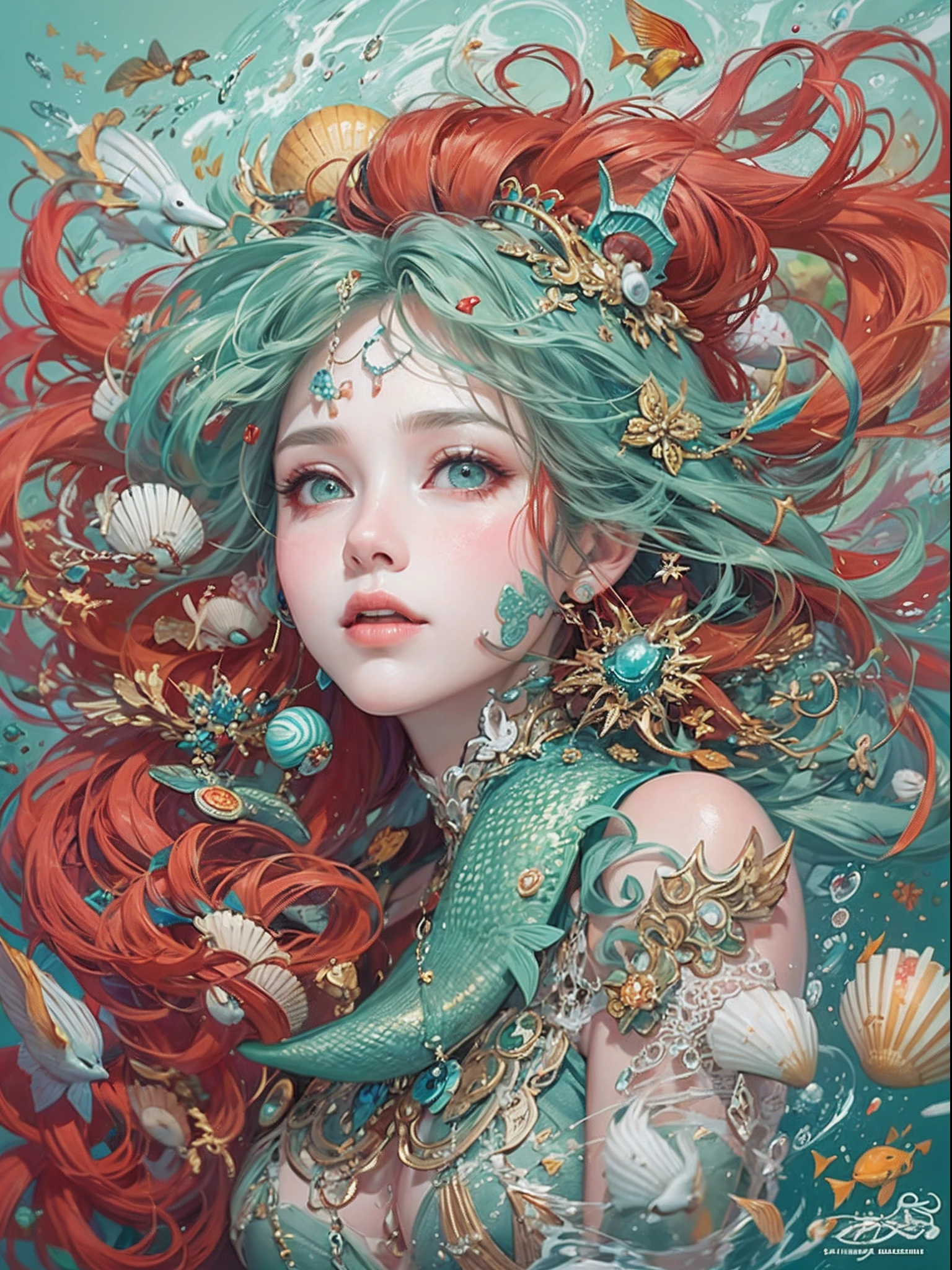 offcial art, Unity 8k壁纸, Ultra-detailed, Beautiful and aesthetically pleasing, tmasterpiece, best qualityer, (zentangle, datura, clew, meshing), (s fractal art: 1.3), 1 mermaid, (Red hairstyle: Long hair) Ocean, Extremely detailed, dynamic angle, Cowboy shot, The most beautiful forms of chaos, elegant, Fauvistdesign, vivd colour, romanticism lain, Seafoam, Buble, shells, Fish, pearls