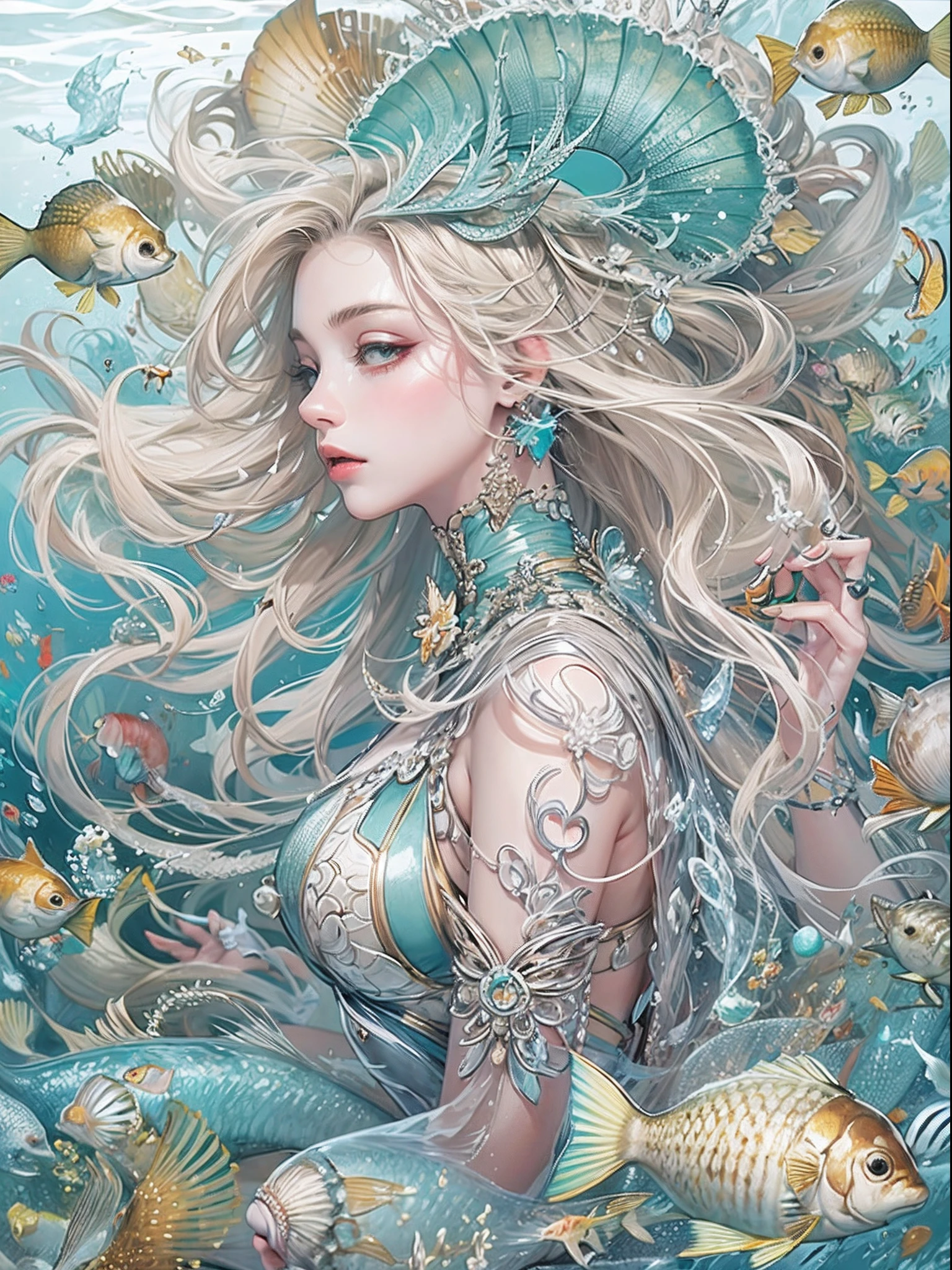 offcial art, Unity 8k壁纸, Ultra-detailed, Beautiful and aesthetically pleasing, tmasterpiece, best qualityer, (zentangle, datura, clew, meshing), (s fractal art: 1.3), 1 mermaid, (Blonde hairstyle: Long hair) Ocean, Extremely detailed, dynamic angle, Cowboy shot, The most beautiful forms of chaos, elegant, Fauvistdesign, vivd colour, romanticism lain, Seafoam, Buble, shells, Fish, pearls
