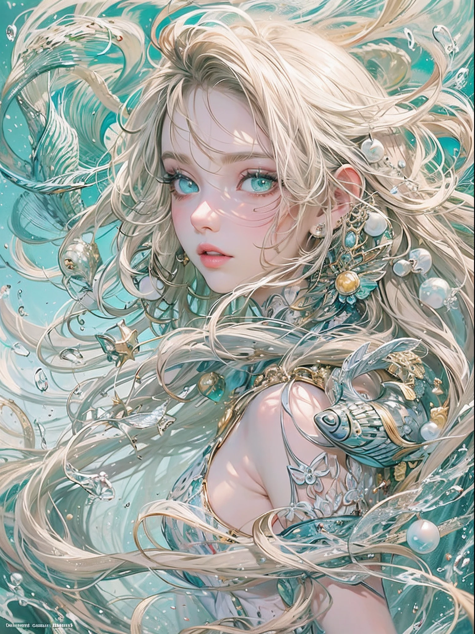 offcial art, Unity 8k壁纸, Ultra-detailed, Beautiful and aesthetically pleasing, tmasterpiece, best qualityer, (zentangle, datura, clew, meshing), (s fractal art: 1.3), 1 mermaid, (Blonde hairstyle: Long hair) Ocean, Extremely detailed, dynamic angle, Cowboy shot, The most beautiful forms of chaos, elegant, Fauvistdesign, vivd colour, romanticism lain, Seafoam, Buble, shells, Fish, pearls