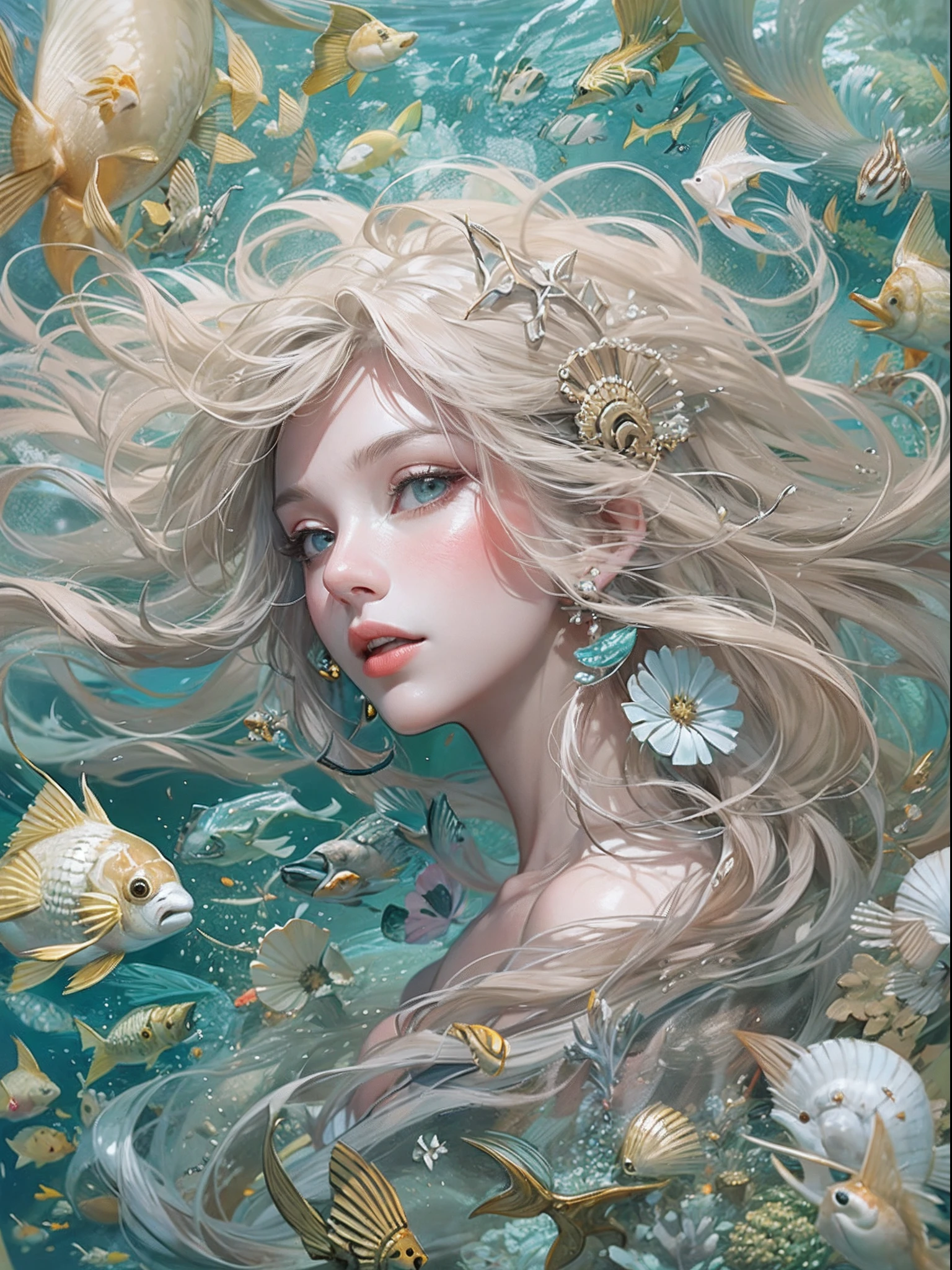 offcial art, Unity 8k壁纸, Ultra-detailed, Beautiful and aesthetically pleasing, tmasterpiece, best qualityer, (zentangle, datura, clew, meshing), (s fractal art: 1.3), 1 mermaid, (Blonde hairstyle: Long hair) Ocean, Extremely detailed, dynamic angle, Cowboy shot, The most beautiful forms of chaos, elegant, Fauvistdesign, vivd colour, romanticism lain, Seafoam, Buble, shells, Fish, pearls