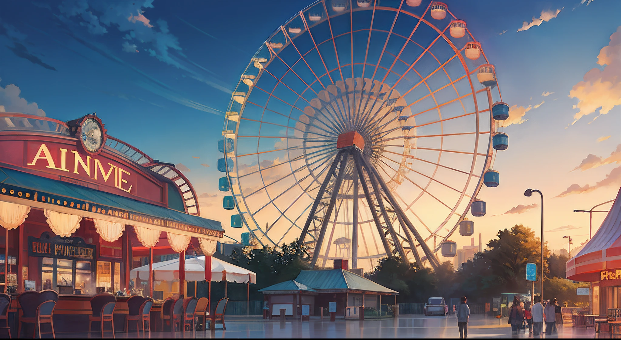 There is a Ferris wheel in the middle of the city, ( Ferris wheel ), Ferris wheel, Anime background art, rendering by octane. By Makoto Shinkai, concept-art | RHADS, ( ( Makoto Shinkai ) ), Makoto Shinkai. —h 2160, Makoto Shinkai Cyril Rolando, An amusement park, Anime landscape concept art