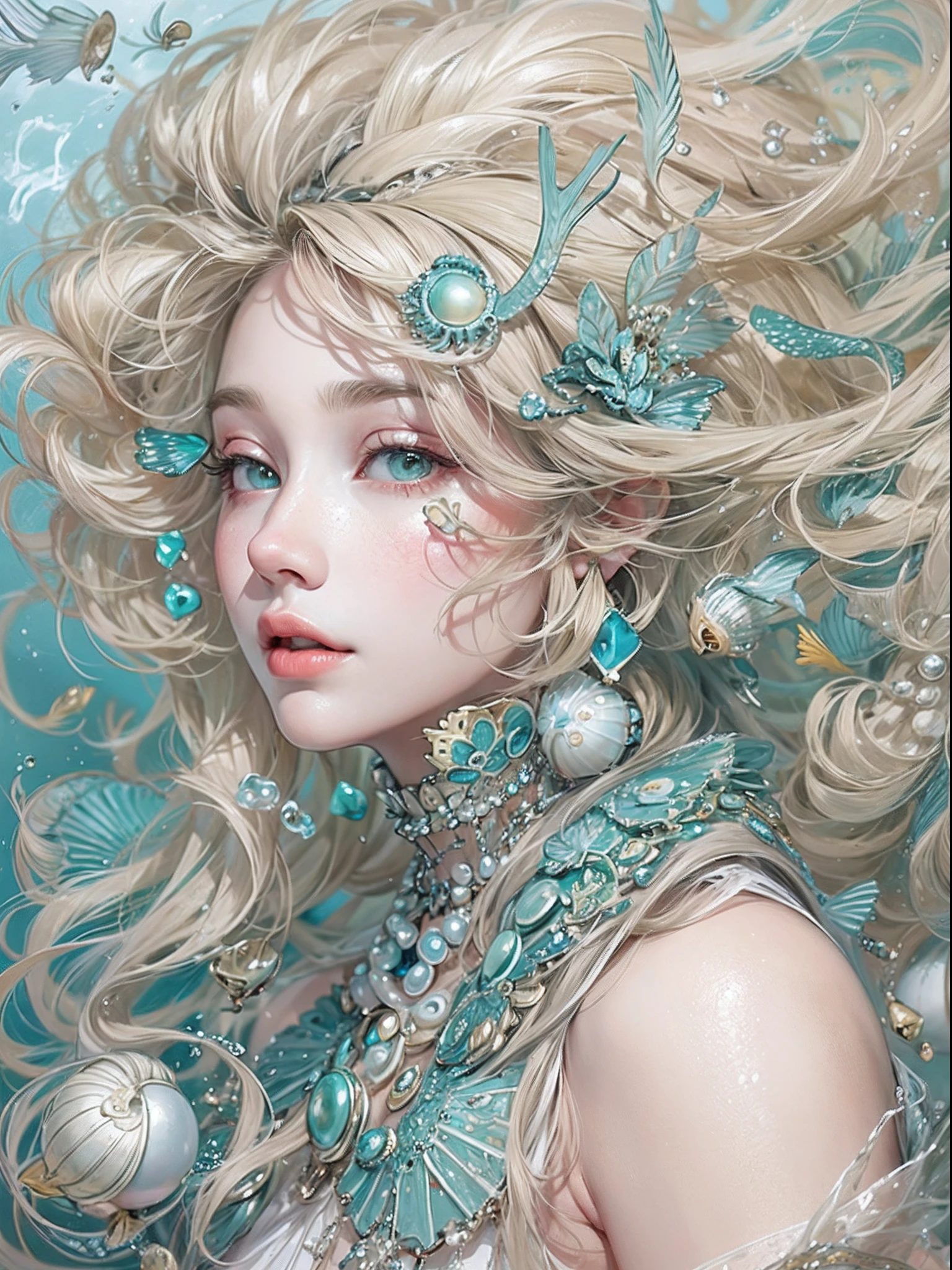 offcial art, Unity 8k壁纸, Ultra-detailed, Beautiful and aesthetically pleasing, tmasterpiece, best qualityer, (zentangle, datura, clew, meshing), (s fractal art: 1.3), 1 mermaid, (Blonde hairstyle: Long hair) Ocean, Extremely detailed, dynamic angle, Cowboy shot, The most beautiful forms of chaos, elegant, Fauvistdesign, vivd colour, romanticism lain, Seafoam, Buble, shells, Fish, pearls