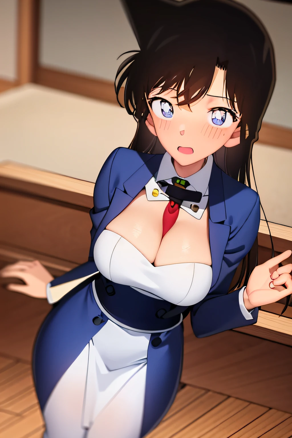 (tmasterpiece)), (sea beach), (8k, high_resolution), ((distinct_image)),((1girll, 独奏)) ,extremaly detailed cg, ((best qualtiy)), (meitantei conan\(styled\), Deceive Conan\(styled\), meitantei conan), (((brunette color hair, long whitr hair, wavey hair))), 独奏, Beautiful eyes and detailed face, (big cleavage breasts:1.2), (Wide hip circumference:1.3), (thick thight), (Long height), ((Be red in the face, ssmile:1.1)), (Abs:0.8), ((Black hair,黑The eye:1.4)), ((1girll, 独奏)), ((校服,green necktie,White color blouse,Blue blazer,blue jacket:1.2)),cowboy lens((tmasterpiece)), (Bedrooms,Lie down in bed,Leaky legs), (8k, high_resolution), ((distinct_image)),((1girll, 独奏)) ,extremaly detailed cg, ((best qualtiy)), (meitantei conan\(styled\), Deceive Conan\(styled\), meitantei conan), (((brunette color hair, long whitr hair, wavey hair))), 独奏, Beautiful eyes and detailed face, (big cleavage breasts:1.2), (Wide hip circumference:1.3), (thick thight), (Long height), ((Be red in the face, ssmile:1.1)), (Abs:0.8), ((Black hair,黑The eye:1.4)), ((1girll, 独奏)), ((校服,green necktie,White color blouse,Blue blazer,blue jacket:1.2)),cowboy lens,nose blush,Be red in the face,perspire,One guy,sportrait,inside in room,sobu,sit on a bed