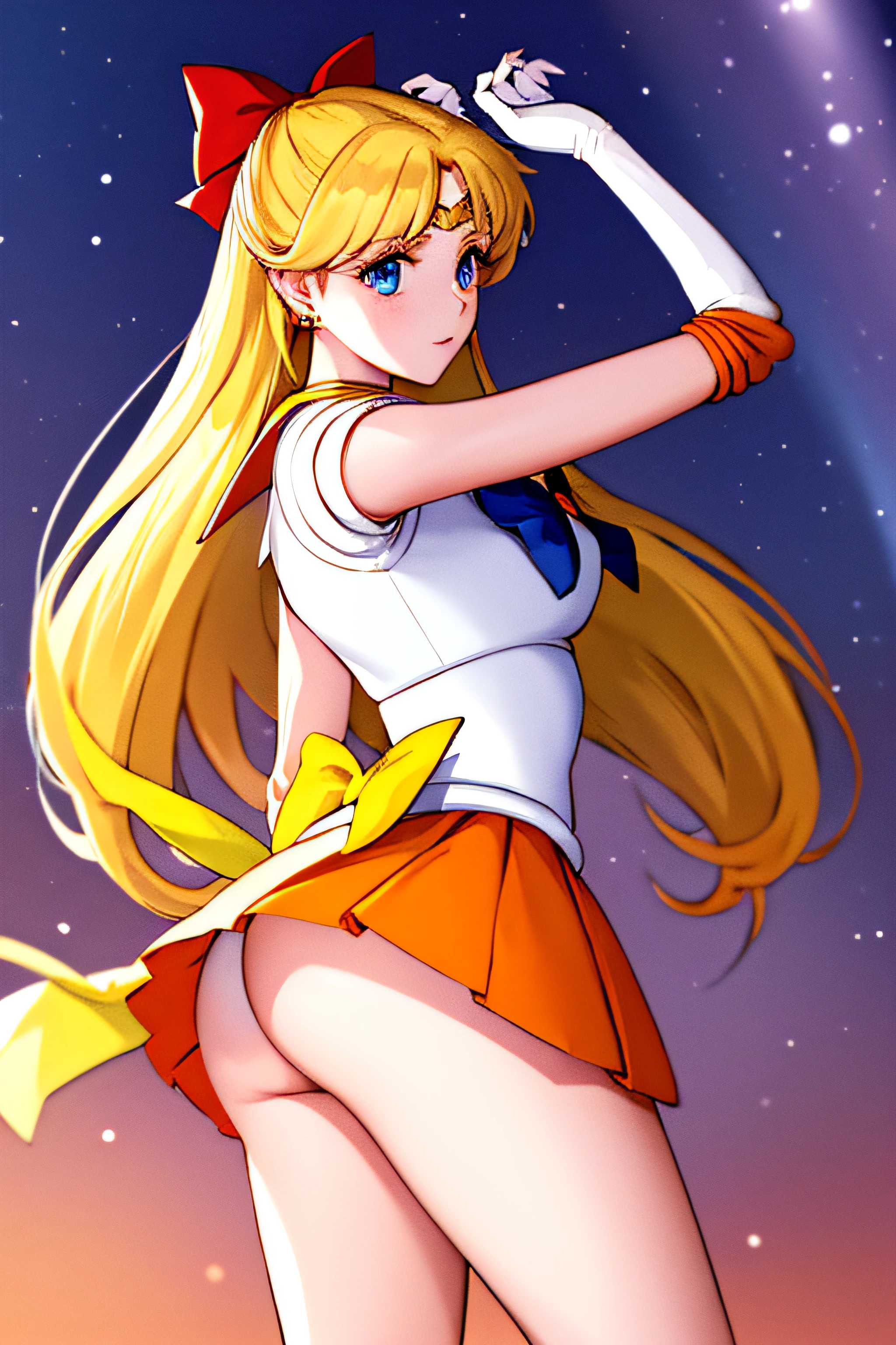 masterpiece, best quality, high resolution, venus1, 1 girl, solo, senshi sailor uniform, sailor venus, aino minako, blonde hair, magical girl, blue eyes, orange ultra mini skirt, elbow length gloves, tiara, pleated skirt , hair bow, orange sailor necklace, ultra mini skirt, choker, red bow, orange choker, white gloves, very long hair, jewelry, earrings, standing, from behind, with the skirt up showing her ass, up skirt, no thong