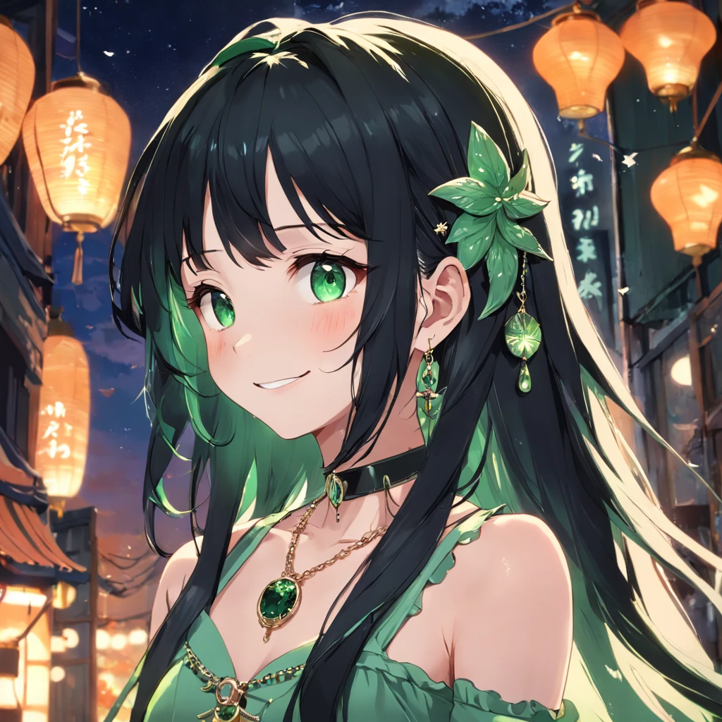 necklace and earrings、Smiling girl wearing bracelet and other accessories,She is white、Has long black hair and moss green damp eyes.,She wears a sparkling black dress with accessories.,