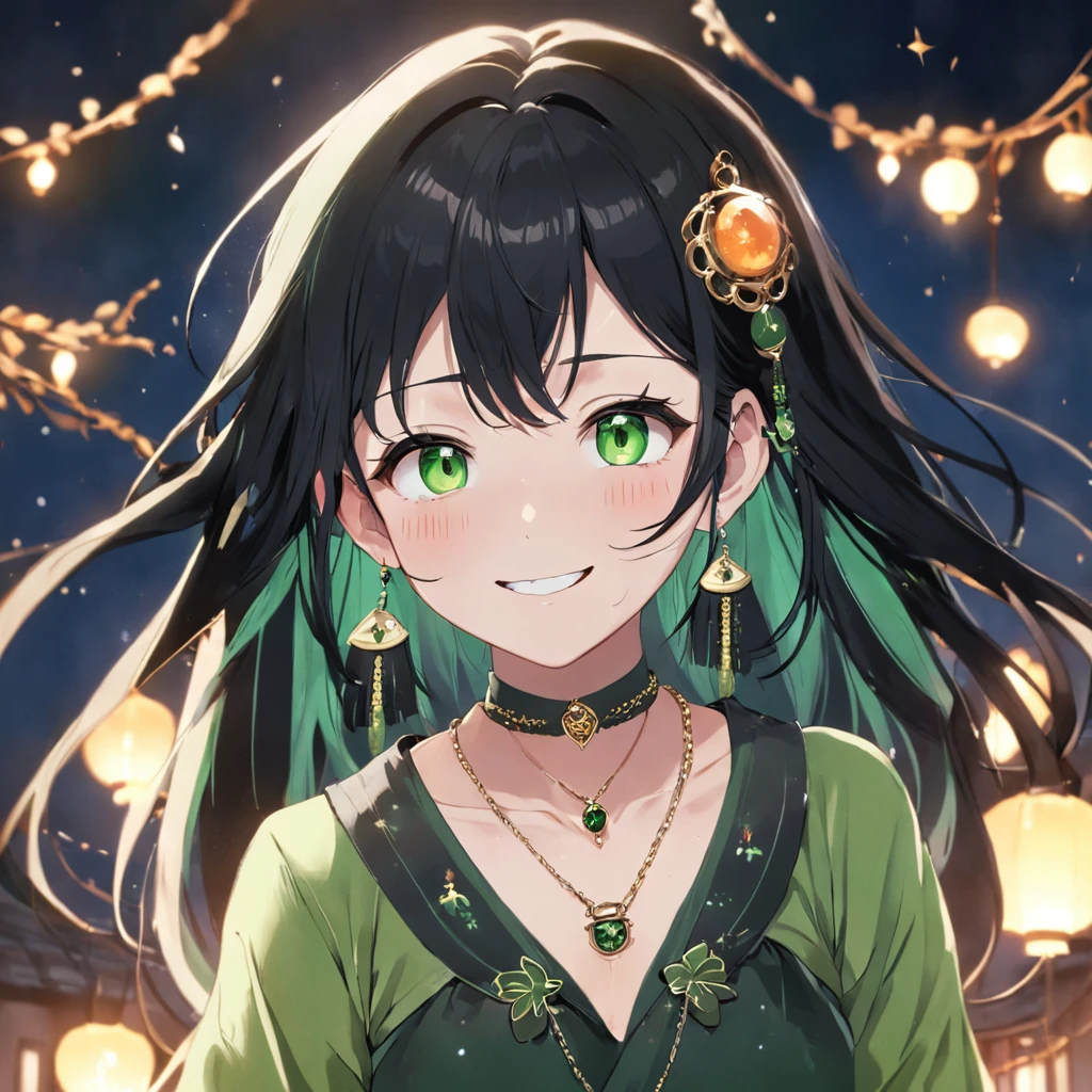 necklace and earrings、Smiling girl wearing bracelet and other accessories，She is white、Has long black hair and moss green damp eyes.，She wears a sparkling black dress with accessories.，