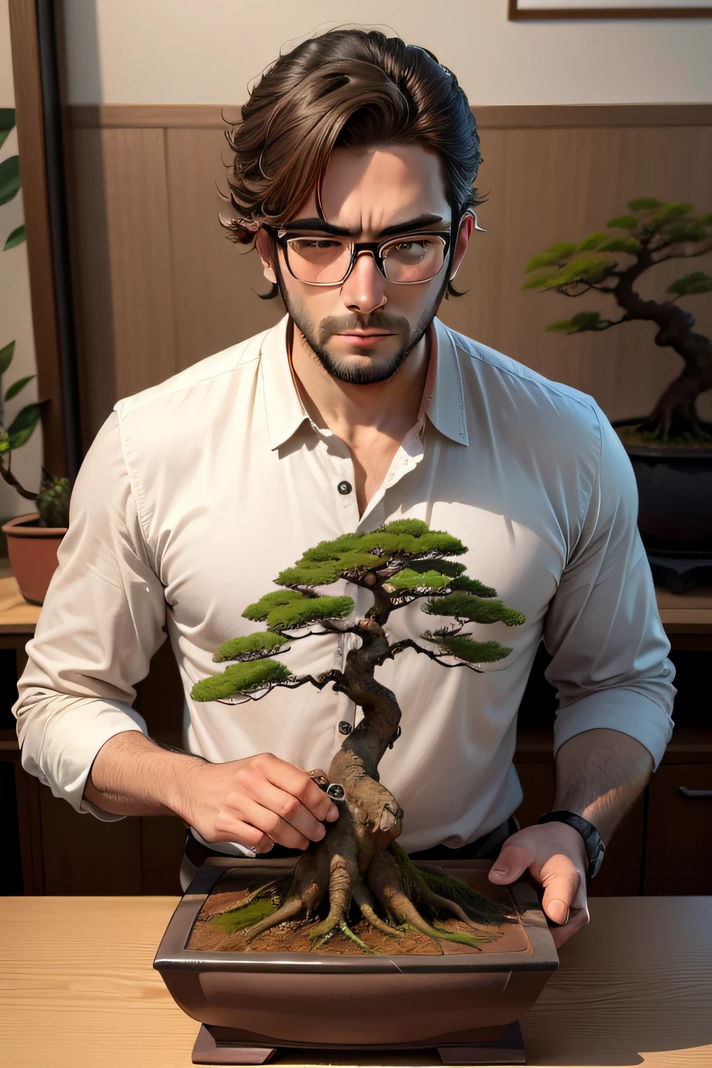 A 30-year-old boy wearing glasses trims a bonsai