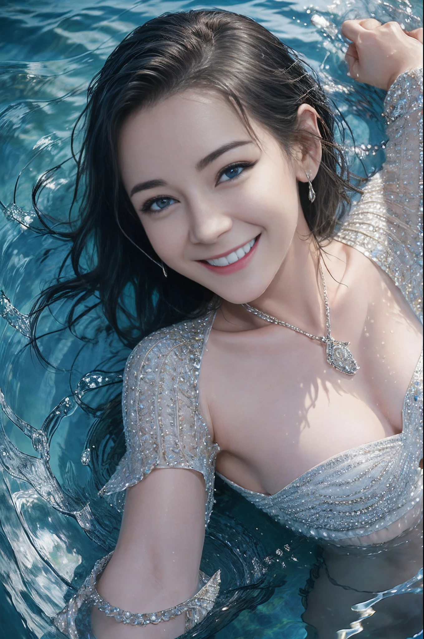 (masterpiece, best quality,8k, photorealistic, RAW photo, sharp: 1), clear face, perfect ???????, happy smile, silver short hair, blue eyes, realistic face, realistic, dynamic angle, small chest, photoreal, Flapping your legs on a swimming float, from above, full body, god ray, sunshine, 18yo, on the lake, splash, crystallineAI, fractal art,