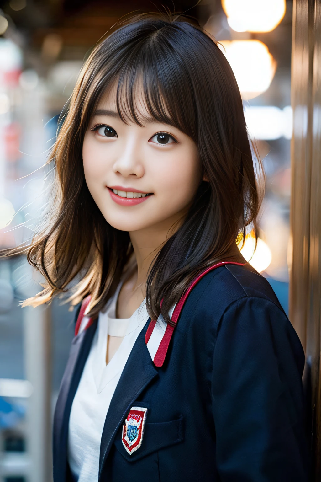(8K、Raw photography、top-quality、masterpiece:1.2)、(realisitic、Photorealsitic:1.37)、ultra-detailliert、超A high resolution、1人、see the beholder、beautifull detailed face、A smile、Constriction、(Slim waist) :1.3)、Beautiful detailed skin、Skin Texture、Floating hair、Professional Lighting、Whole human body、Longhaire、a blond、japanese hight school uniform、hi-school girl、a sailor suit、Bob Hair、University、Happy smile