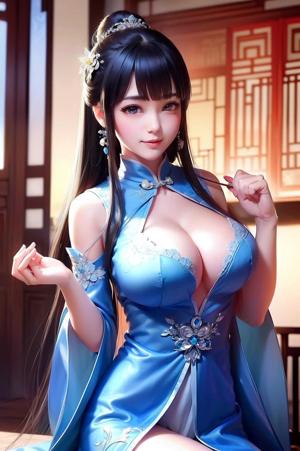 Beautiful Chinese、((Delicate down to the smallest detail))、((Colossal tits:1.3))、Blue cheongsam、((Very beautiful CG))、smil、hight resolution、ultra-detailliert、No people in the background、sit a chair、((Very cute face))、facing front、Beautiful valley、Long straight hair、Wear ornaments、Cross your arms behind your back