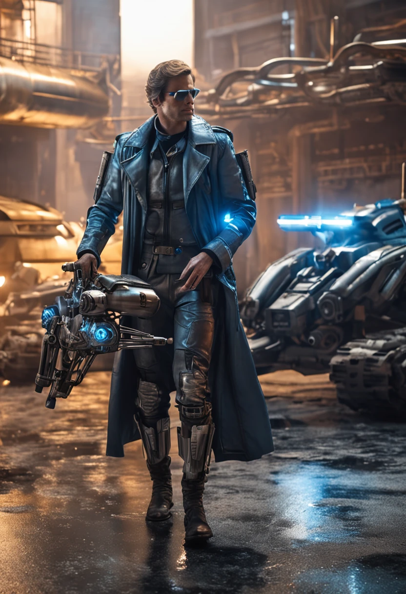 Magically powered technology, brown leather trenchcoat, rocket boots, helmet, energy pistols, drone, handsome man, fantasy realm, realism, hoverbike. blue energy, silvery metal surfaces, ready for battle, gunslinger