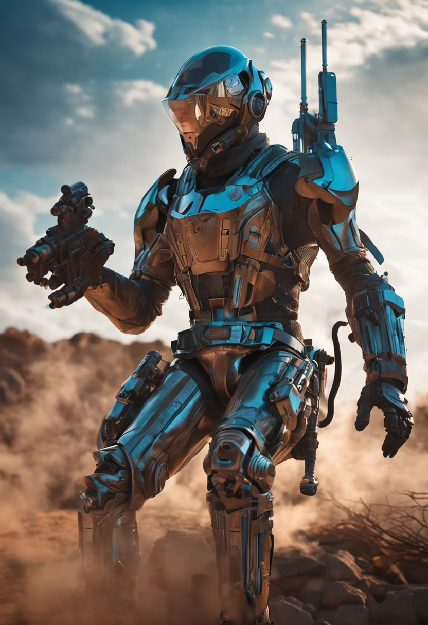Magically powered technology, brown leather trenchcoat, rocket boots, helmet, energy pistols, drone, handsome man, fantasy realm, realism, hoverbike. blue energy, silvery metal surfaces, ready for battle, gunslinger