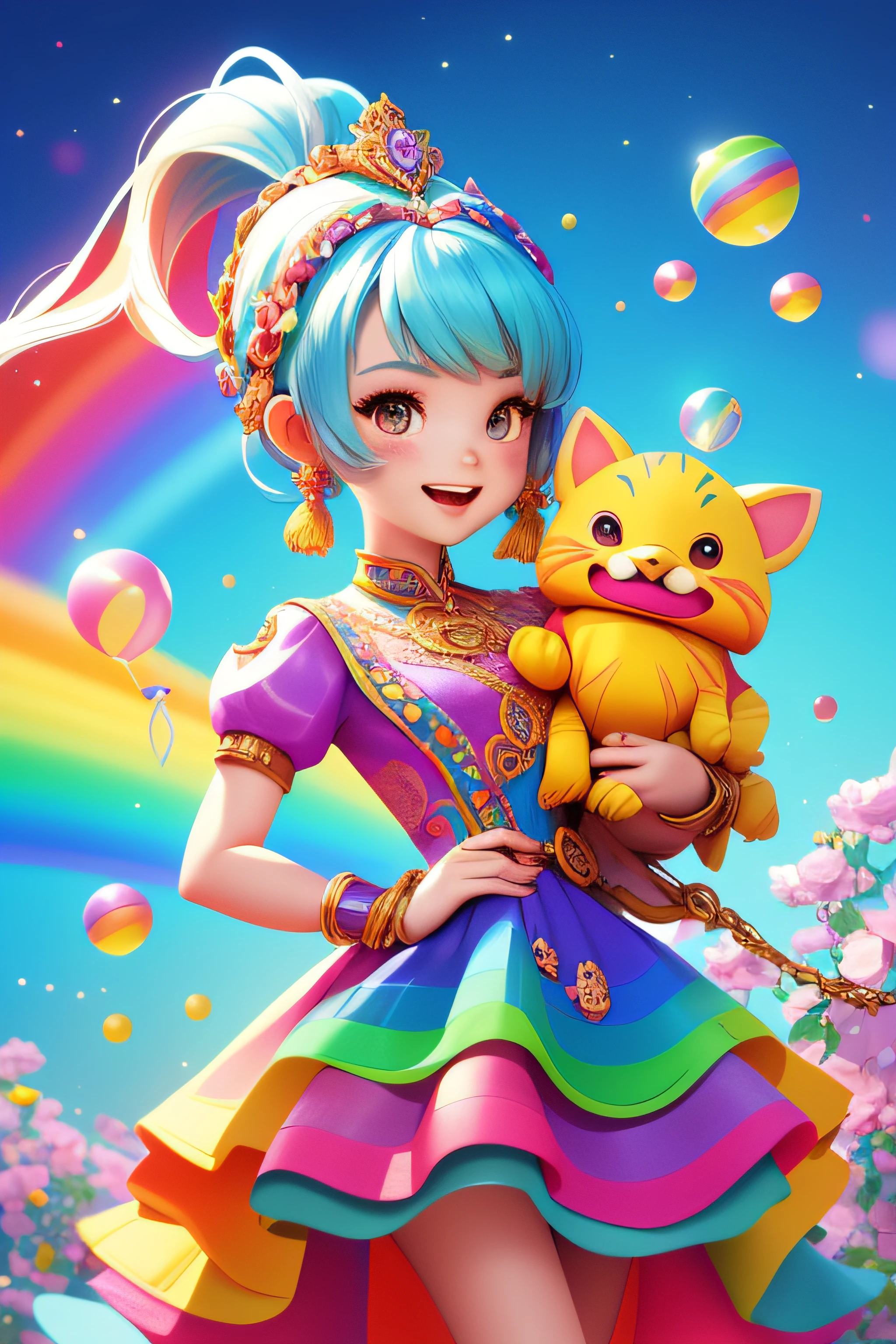 3DMM 1girls, ,,:d smile 4K image of a woman, her hair flowing like a vibrant rainbow, eyes reflecting the colors of the world. Wearing a dress made of woven rainbow hues, she is in an extravagant land where animals talk and magic is in the air. The scene, under the soft light of a rainbow, depicted in the style of an extravagant fantasy illustration. (masterpiece, best quality, official art, intricate details: 1.2)