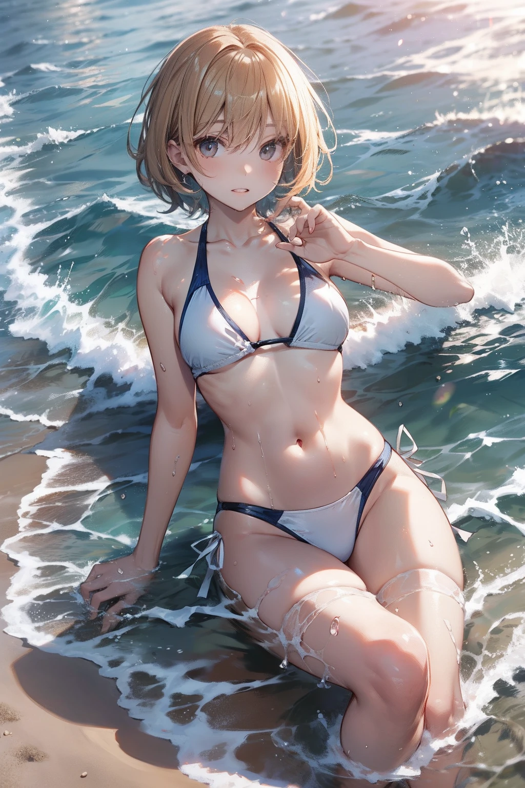 top-quality、Full limbs、complete fingers、Slender beauty、straight haired、very short hair of golden color、Raw feet、white school swim suit、Small eyes、Wet texture、Beautiful Large Breasts、the beach、sand beach、Sunset