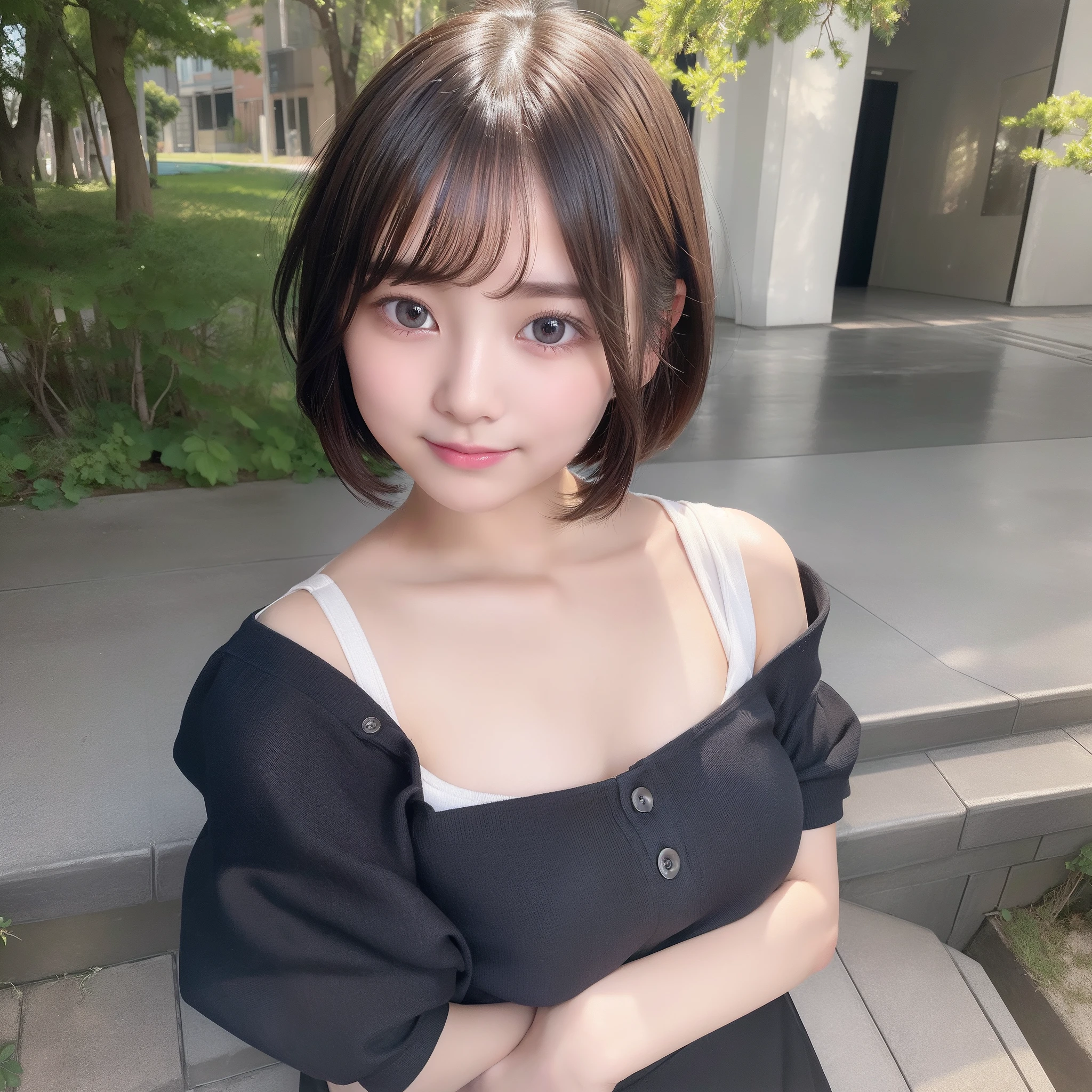 (8K、Raw photography、top-quality、​masterpiece:1.2)、(reallistic、Photorealsitic:1.37)、The ultra -The high-definition、1 girl in、Symmetrical well-formed face、Big that look soft、Young look、9 、Big、cleavage of the breast、Very big、cute little、(Nasal redness)、(A smile:1.1)、(Closed)、beautidful eyes、(short-hair:1.2)、Floating hair