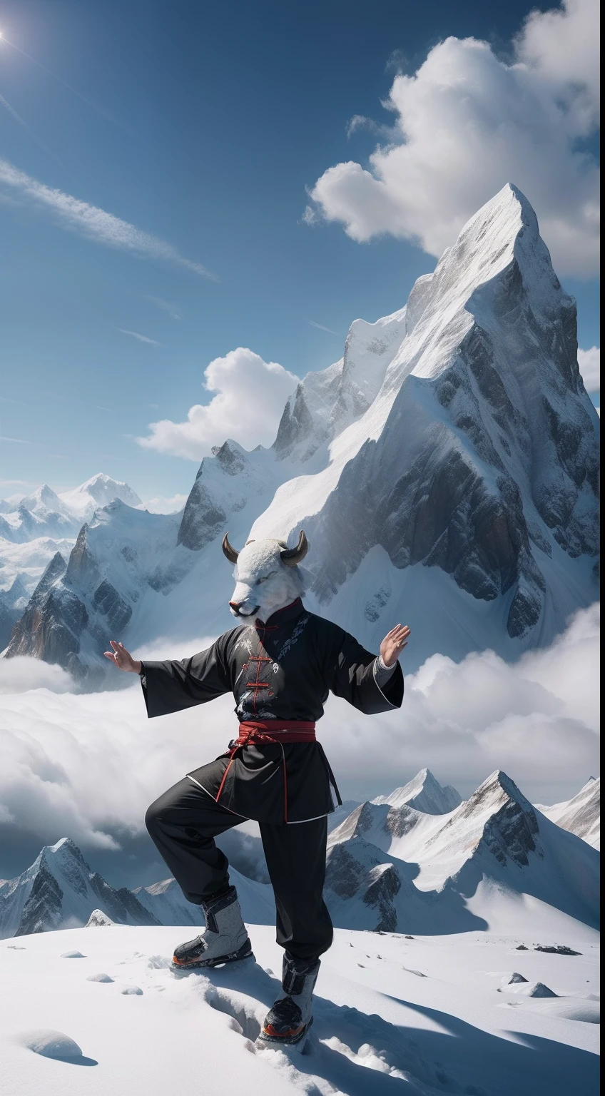 tai chi master, buffalo face, full body, on the peak of snow mountain, clouds cover, Animal Anthropomorphism, realistic digital, humanoid, abstract background, global illumination, intricate, epic, dramatic, masterpiece, high detail, best quality, ultra high res